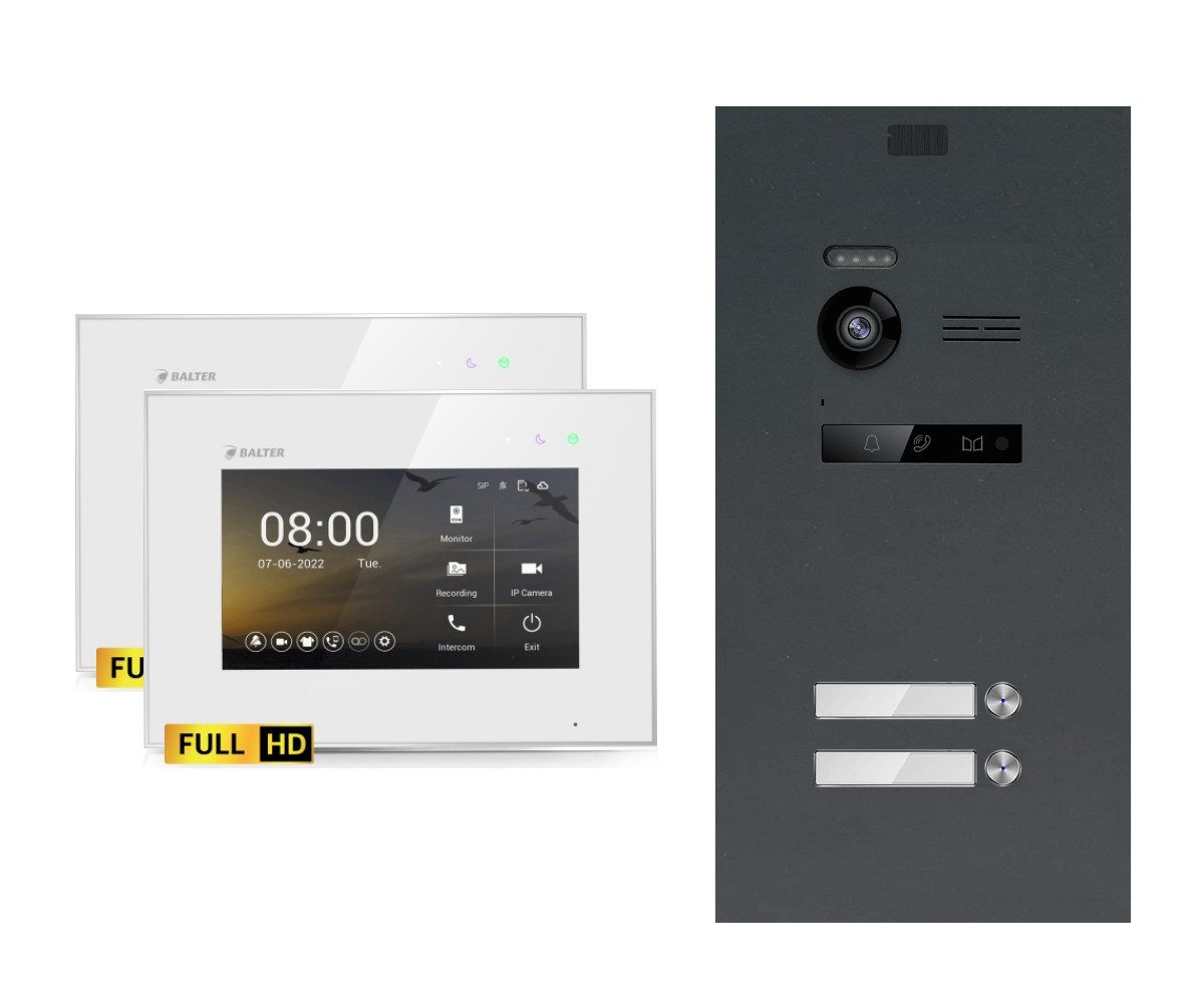 Balter Video-Türsprechanlage EVO-HD Komplettset 2-Familie Anthrazit 2x 7" Monitor Weiß (Set, 2-Familienhaus, Komplettset, FullHD Kamera)