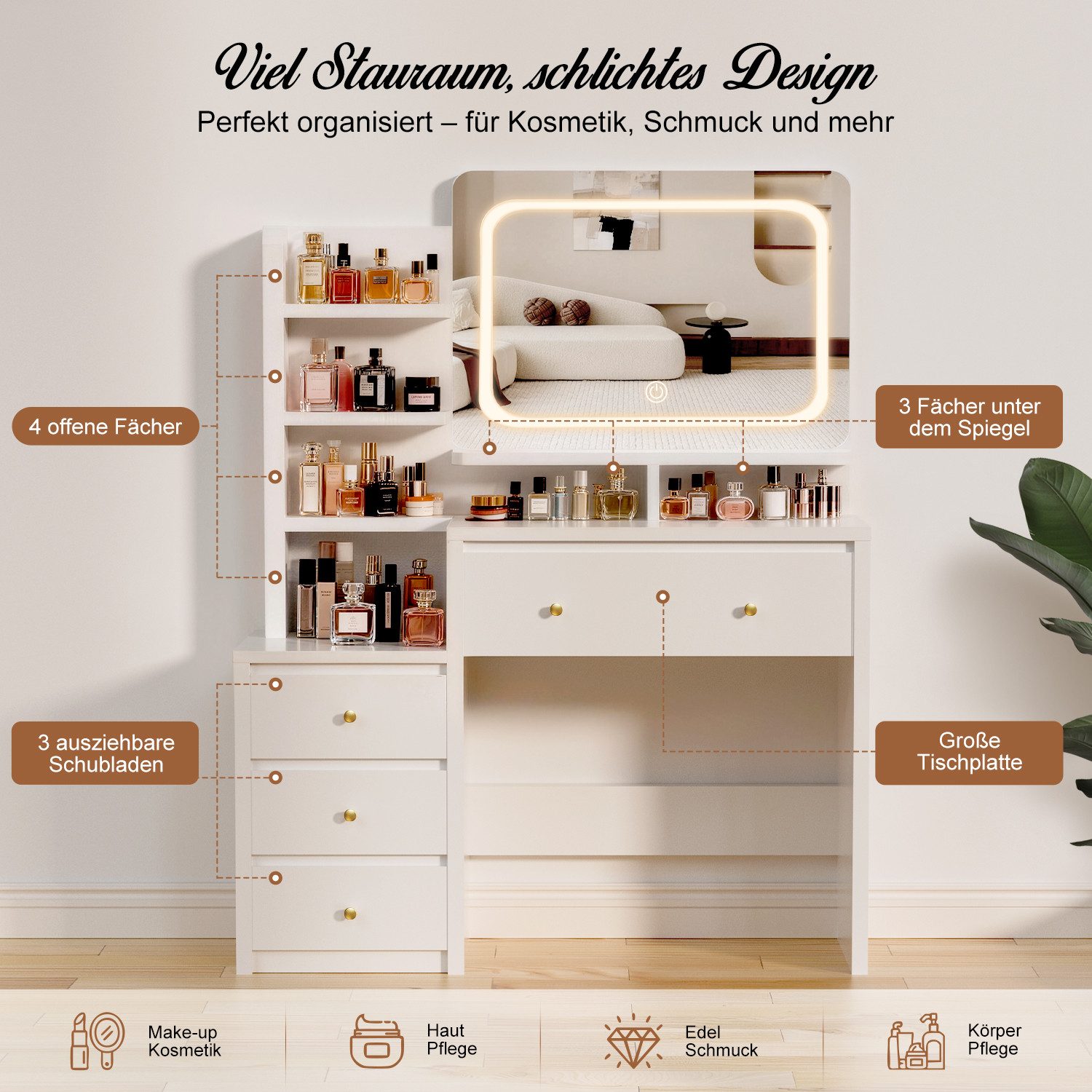 Lexzurn Schminktisch Schminktisch mit LED-Beleuchtung, Kosmetiktisch mit Spiegel, 4 Schubladen+6 offene Fächer, Helligkeit verstellbar, 92.6x132x36 cm
