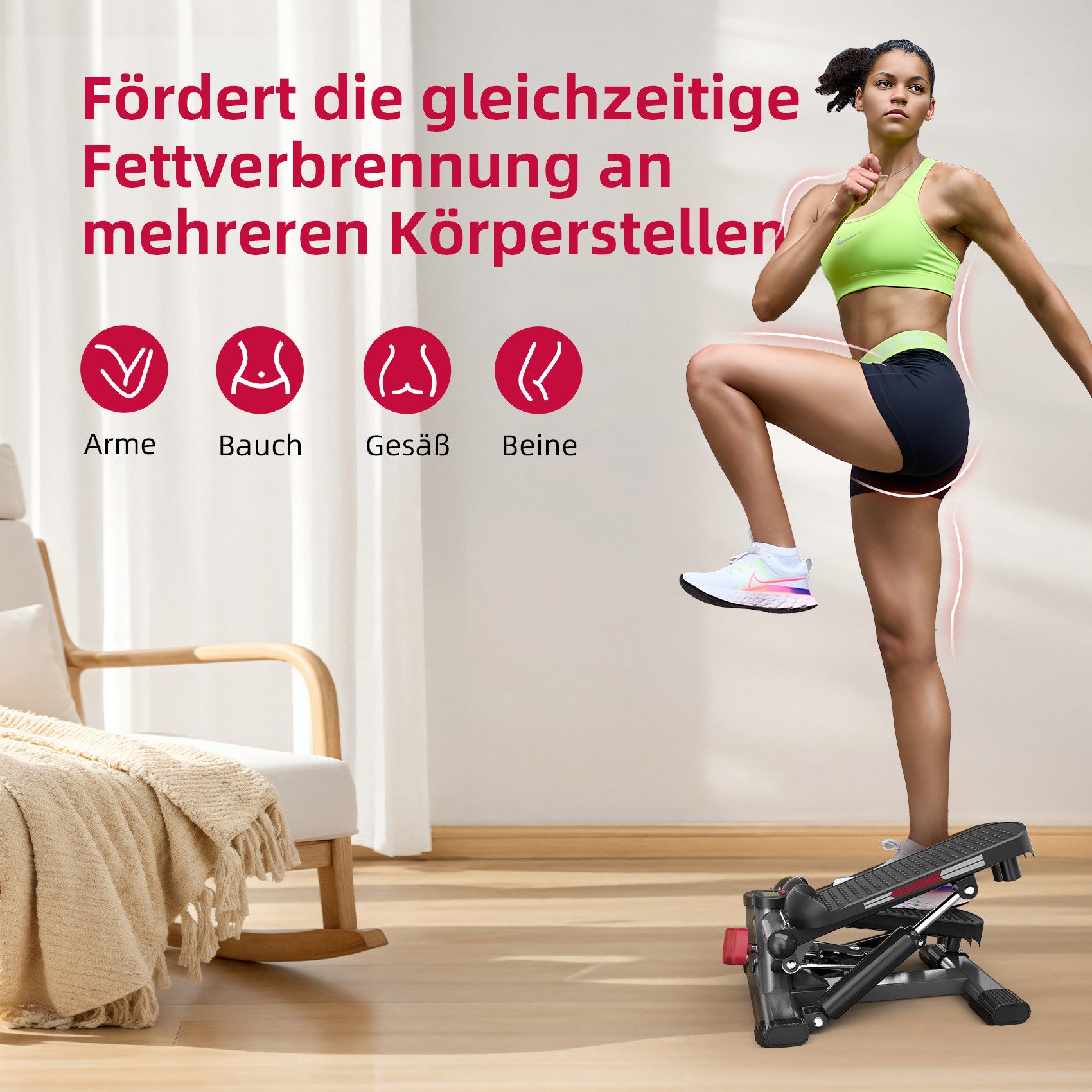 JASPORT Mini-Stepper ST1 2-in-1 Mini Stepper mit Widerstandsband (2-in-1 Up-Down Swing Stepper mit Power Ropes), leise, max. Belastbarkeit 100kg