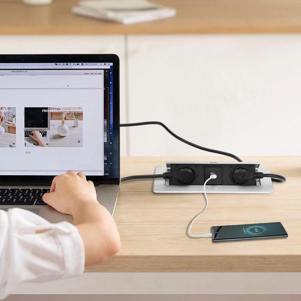 XERSEK 1.8m Kabel + Netzteil Versenkbar Einbausteckdose Tischsteckdose 230V Einbau-Tischsteckdosenleiste (3-Fach 3500W/16A Tischplatte Bodensteckdose Pop-up), Aluminium Steckdosenleiste für Möbel, Büro, Küche