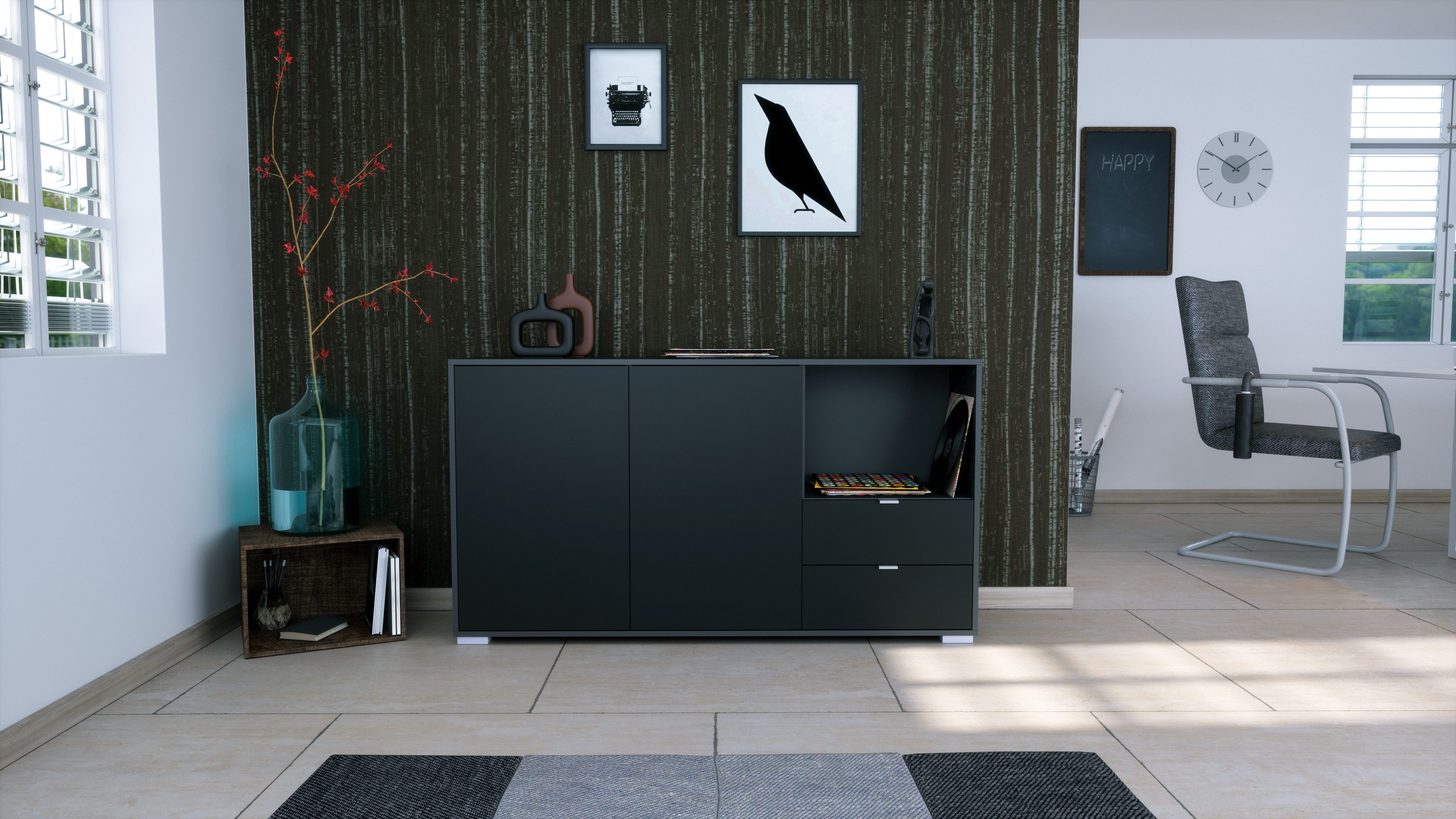 Vladon Sideboard Milano (Kommode mit 2 Türen Schwarz matt, 2 Schubladen Schwarz matt, Made in Germany), Korpus Anthrazit matt (152,5 x 83 x 37 cm)