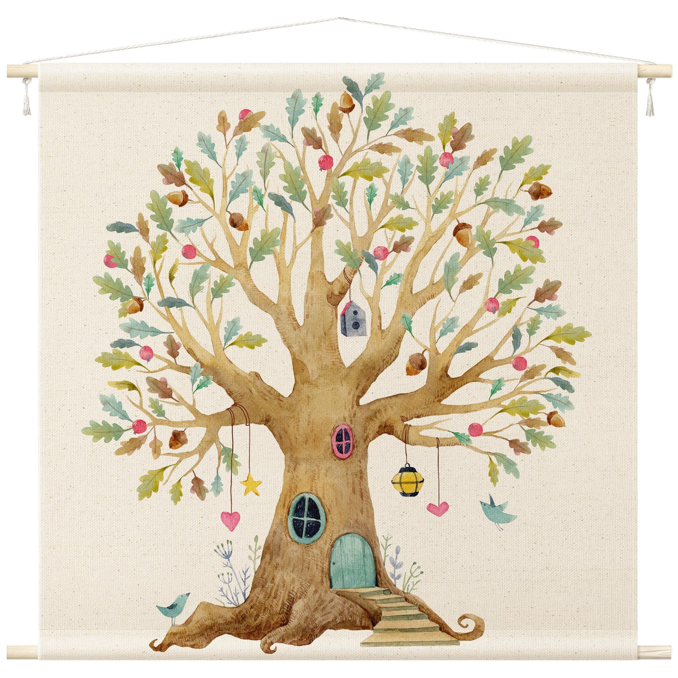 Bilderdepot24 Wandteppich Kinderzimmer modern Wald Wald beige, quadratisch, Höhe: 2.6 mm, großes Wandbild aus Natur-Baumwolle Wandbehang Stoffbild Tuch Wollseil