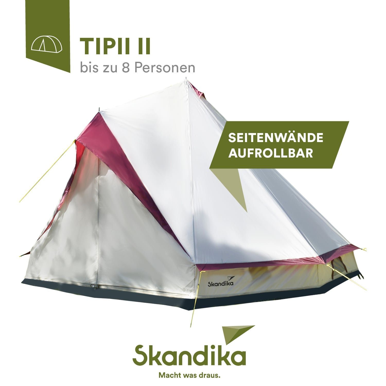 8 Tipi-Zelt Partyzelt, Tipi Campingzelt Skandika Grau, Farbe: 8, II Personen: