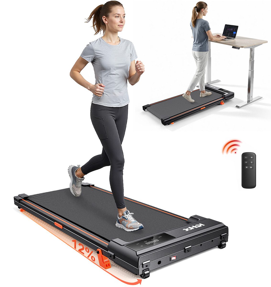 kehot Laufband Walking Pad Laufband 1–6 km/h mit 12% Steigung & LED Display (Ultraflaches Design nur 10 cm Höhe ideal für Zuhause & Büro, Manuelle 2-Stufen-Neigung für intensiveres Gehtraining), Kompakt 104×45,5 cm mit Fernbedienung & 100 kg Belastbarkeit