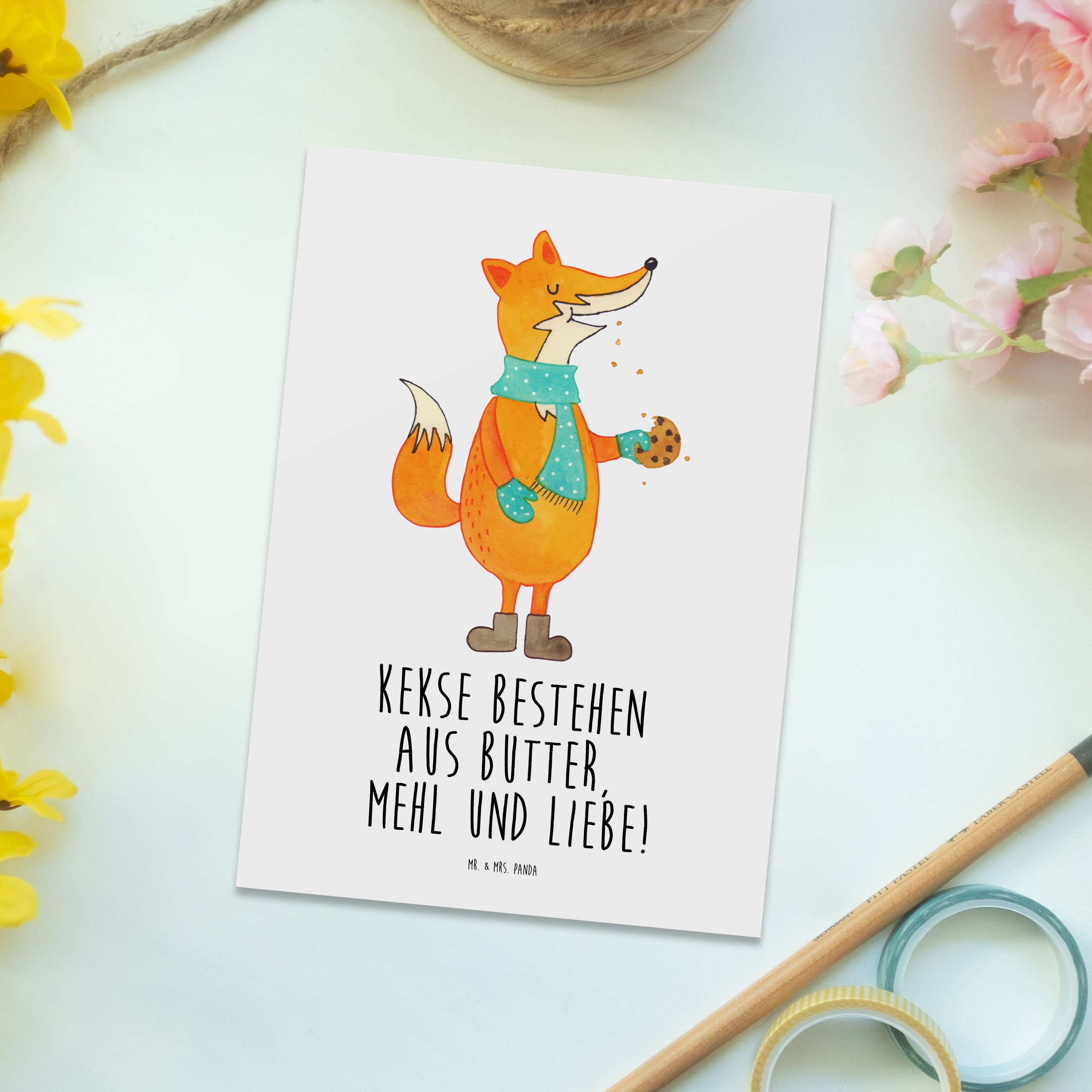Mr. & Kekse, Backen Postkarte - Fuchs - Winter, Geschenk, Weiß Spruch, Mrs. Karte, Panda Keks Li