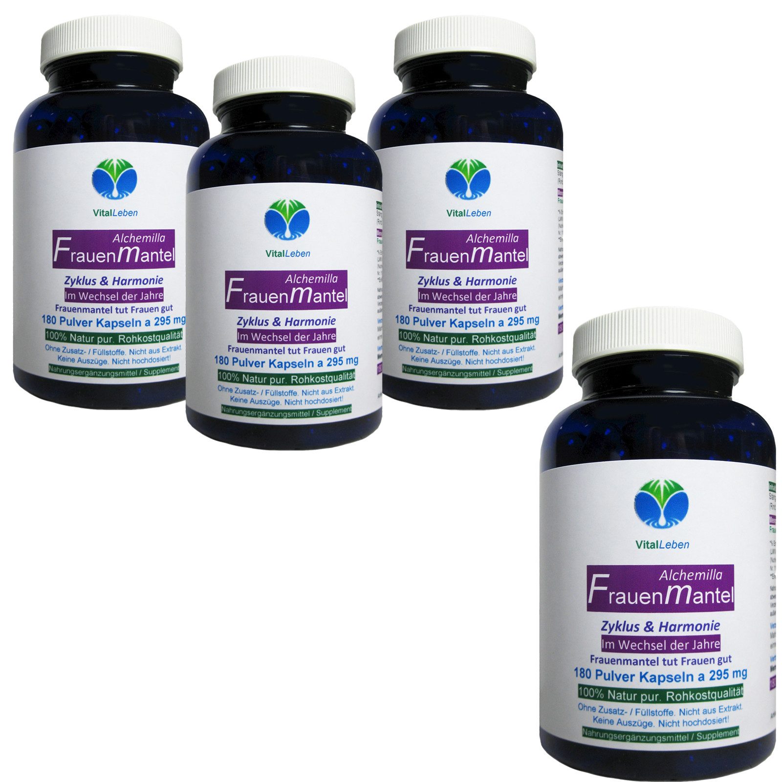 VitalLeben Frauenmantelkraut für das weibliche Wohlbefinden - ohne Zusatzstoffe - Kapseln, 4 er Dose à 180 St., 212,4 g, Art. 26880-720