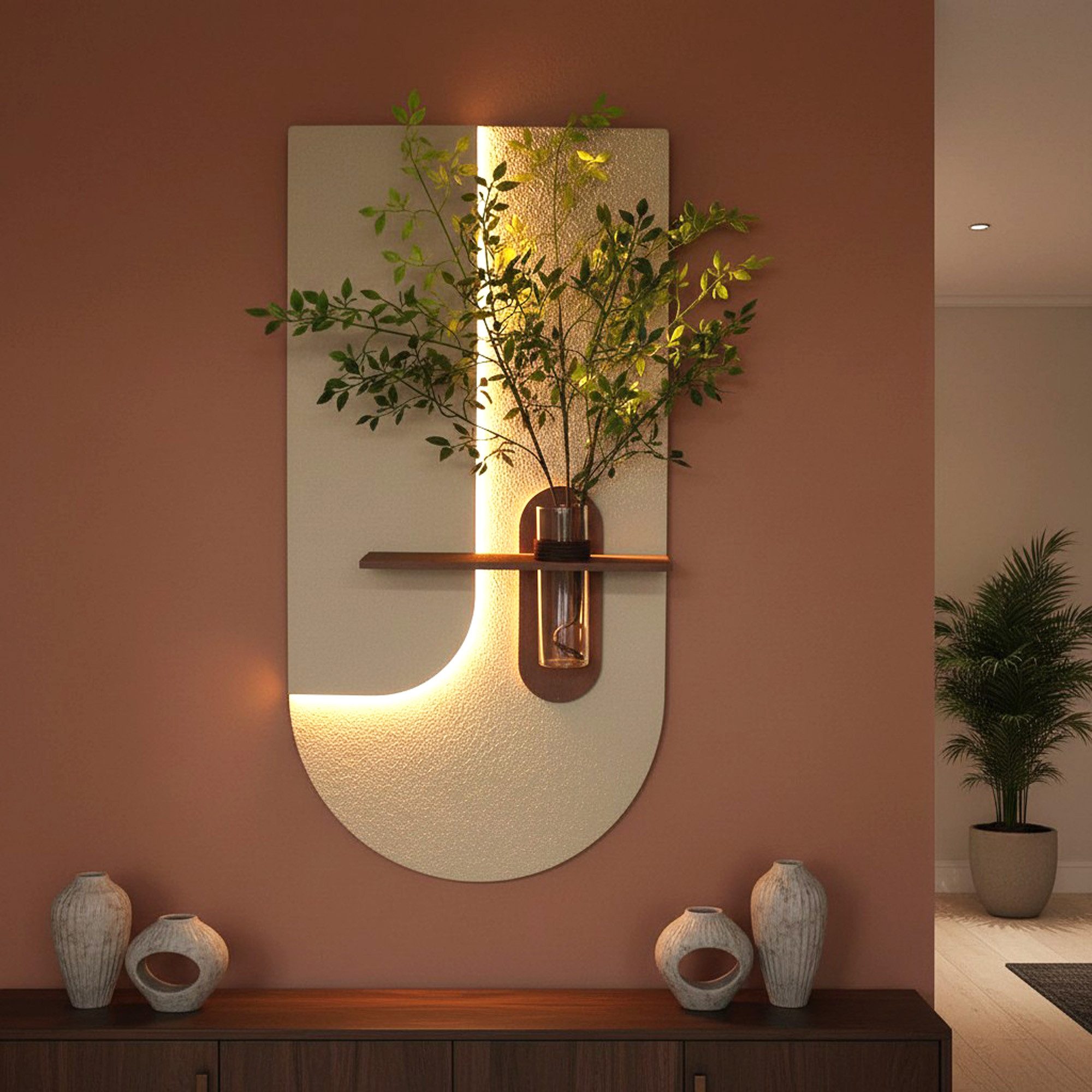 Arnusa LED-Bild LED Wandbild 3D mit Vase Wanddeko 100 x 50 cm Fernbedienung, Blätter, beleuchtete Wanddekoration