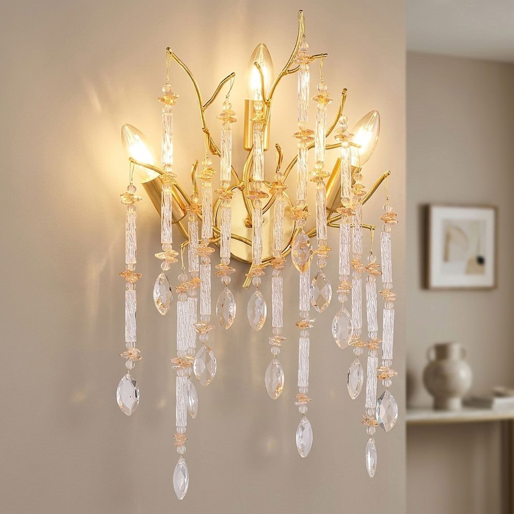 GLOBO LIGHTING LED Wandleuchte, Leuchtmittel inklusive, Warmweiß, LED Wandleuchte Metall Glas Gold matt 3-flammig Kristallbehang H 50 cm