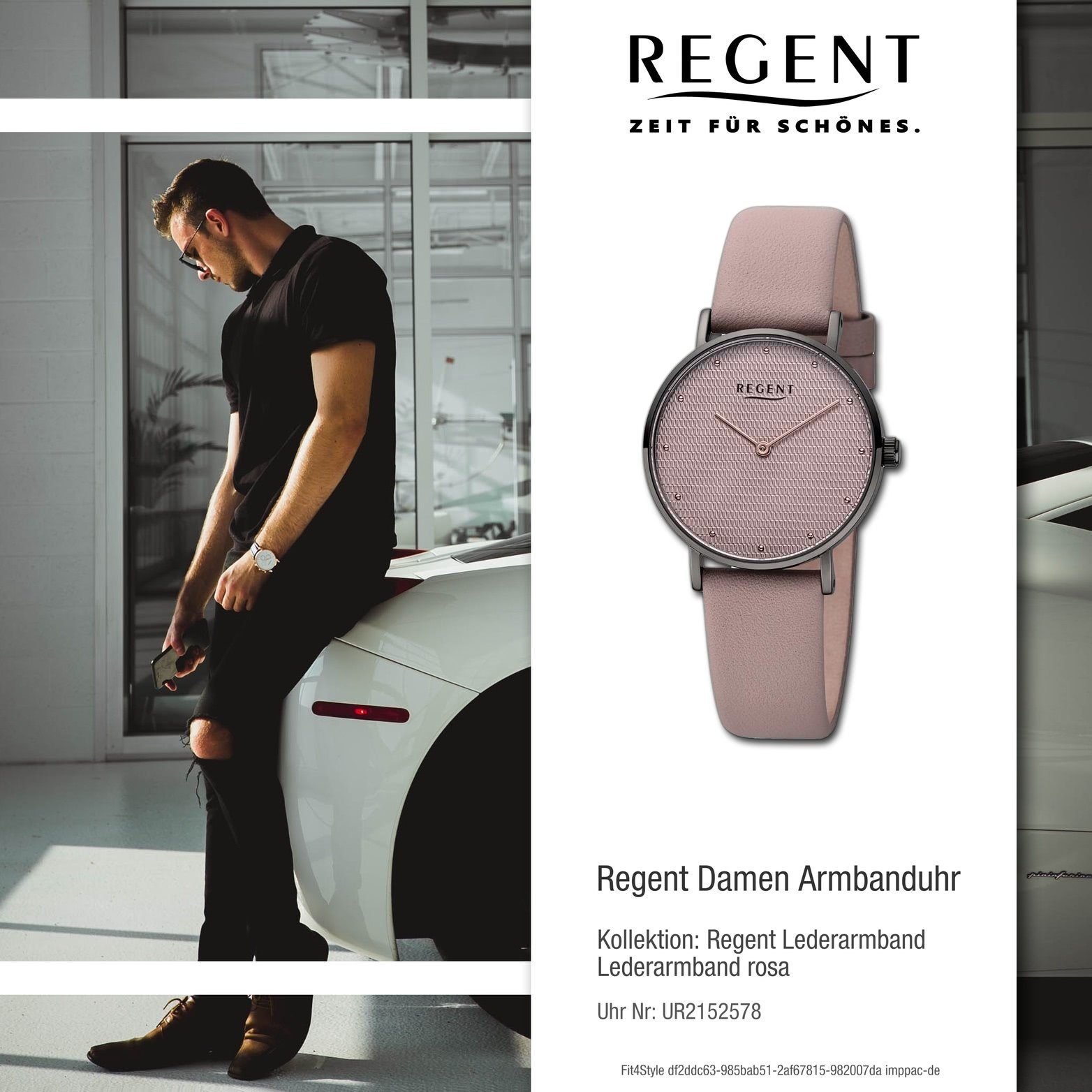 Regent Quarzuhr Regent Armbanduhr Gehäuse, rundes groß Damenuhr Analog, rosa, Lederarmband extra 32mm) (ca. Damen