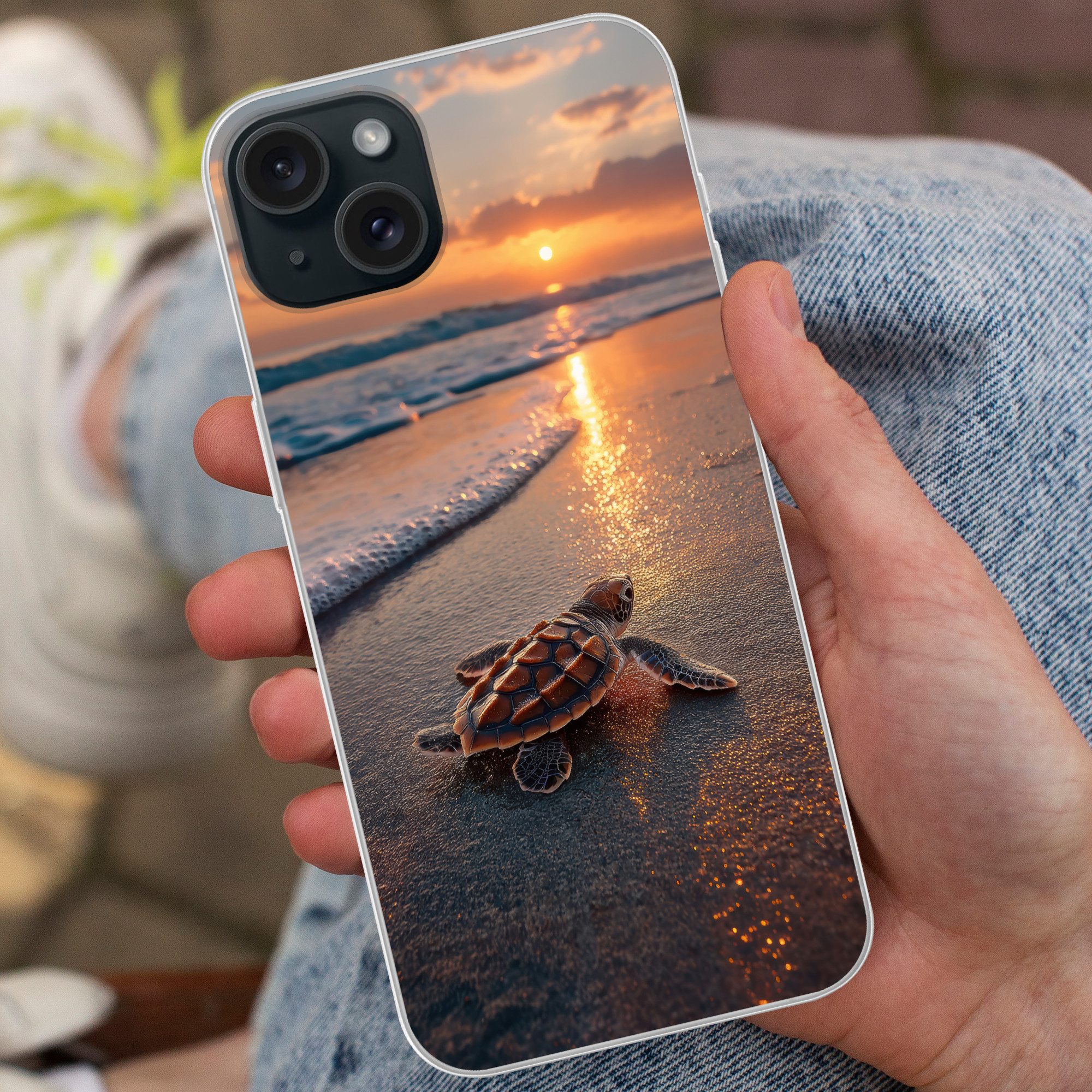 MuchoWow Handyhülle für Apple iPhone 15 Plus Schildkröte - Strand - Sonnenuntergang, Smartphone-Bumper, Print, Handy Schutzhülle Dünn