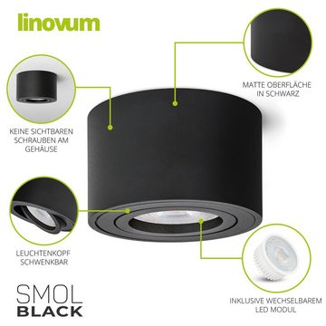 linovum LED Aufbaustrahler 6 x Aufbauleuchte SMOL schwenkbar in schwarz matt & rund mit LED, Leuchtmittel inklusive