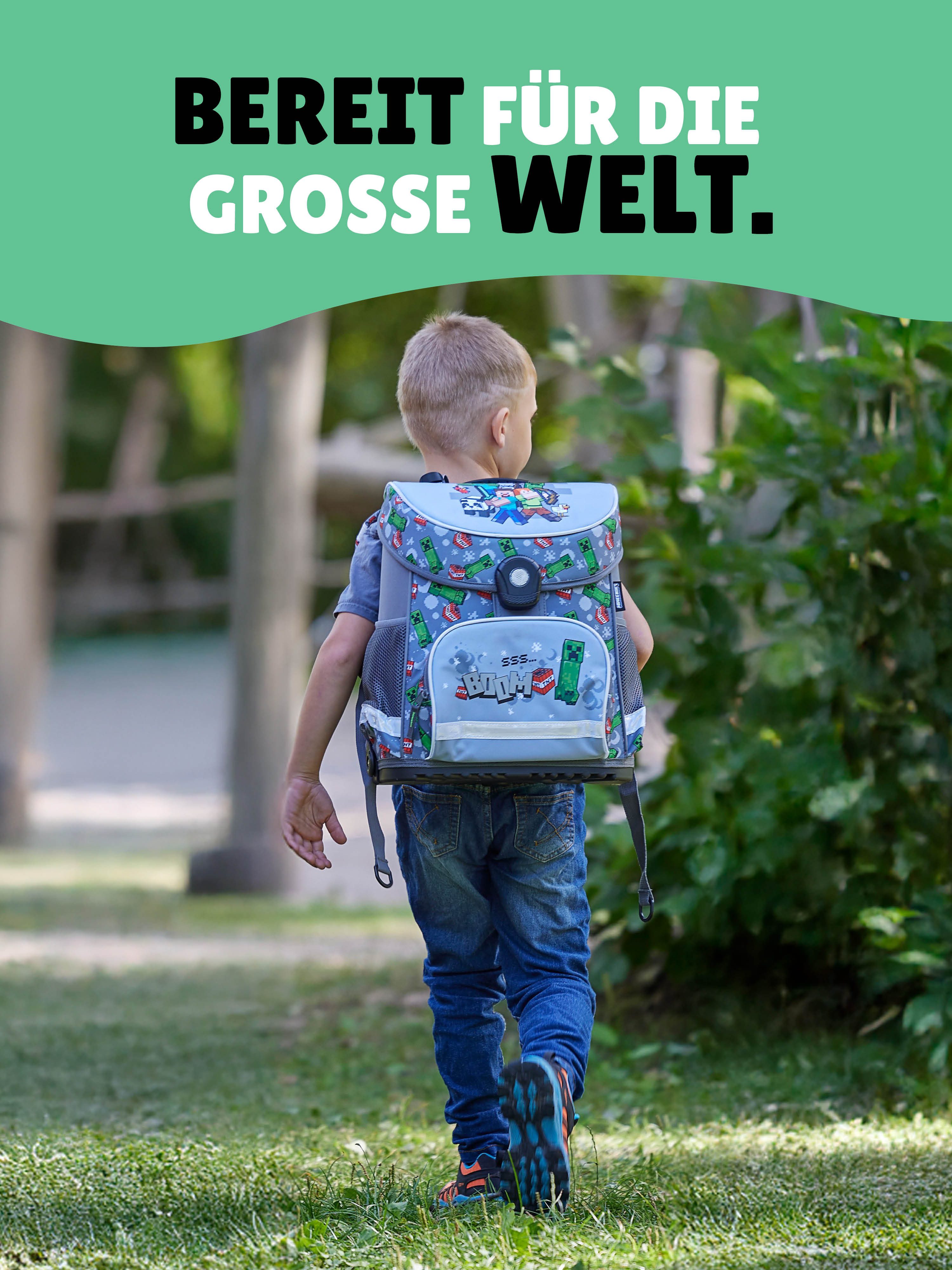 Familando Schulranzen Minecraft 1.-4. Klasse ergonomisch, geräumig, Volumen 18 Liter (Set, 6-tlg., inkl. Federmäppchen und Sporttasche), MINECRAFT Motiv grau – Bild 3 von 5