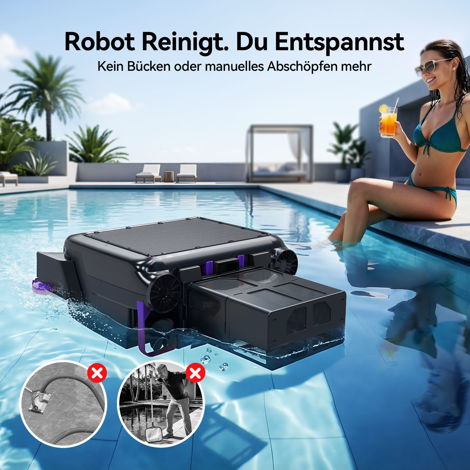 redroad Poolroboter 2026 Solar Skimmer Roboter Poolreiniger Akku Selbstparkend bis 300m², 6900mAh/6L/180μm/IPX8/Solar Skimmer Roboter Poolreiniger