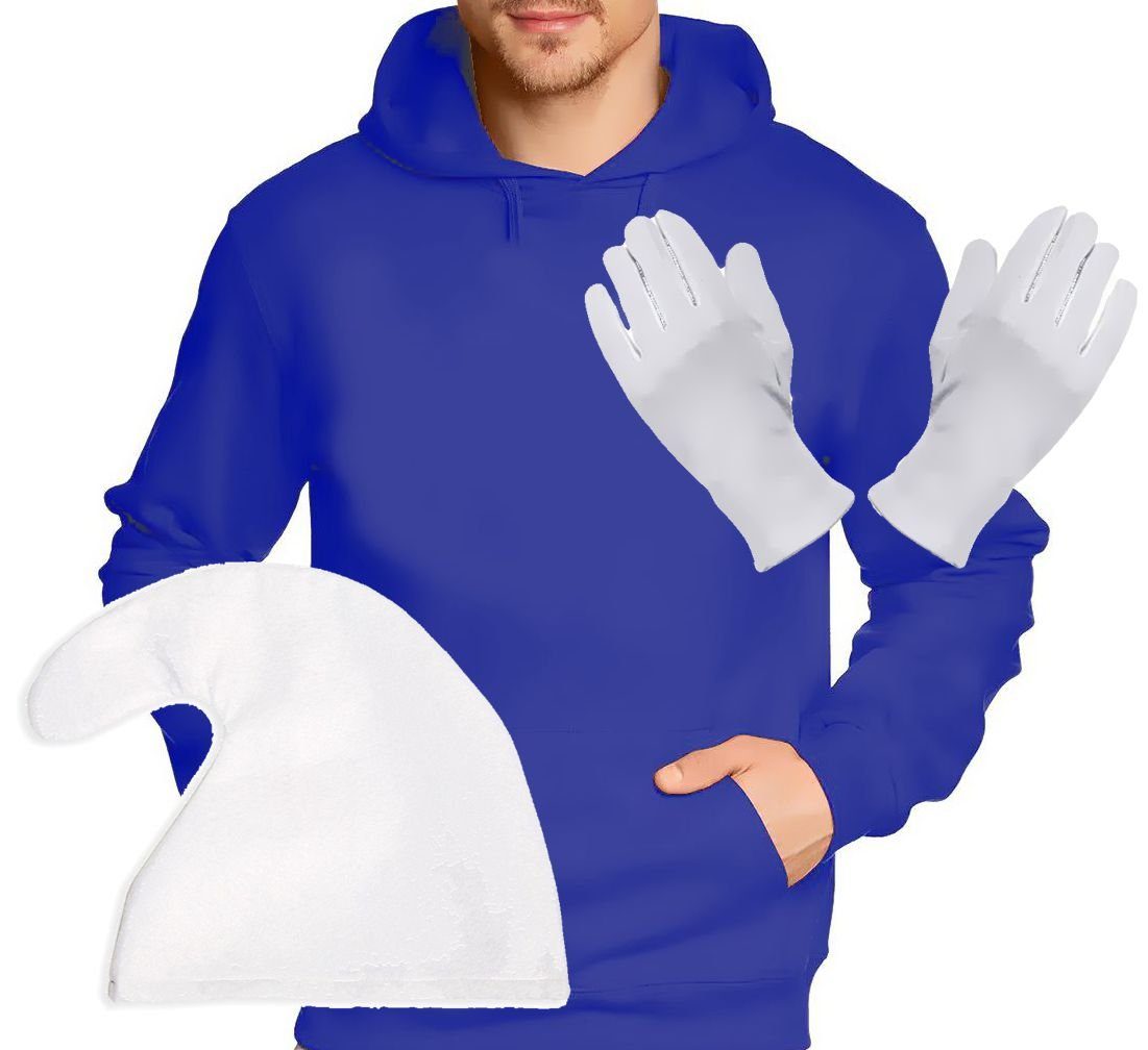 Kostüm Blauer Zwerg Kostüm Verkleidung Mütze, Handschuhe, Sweatshirt