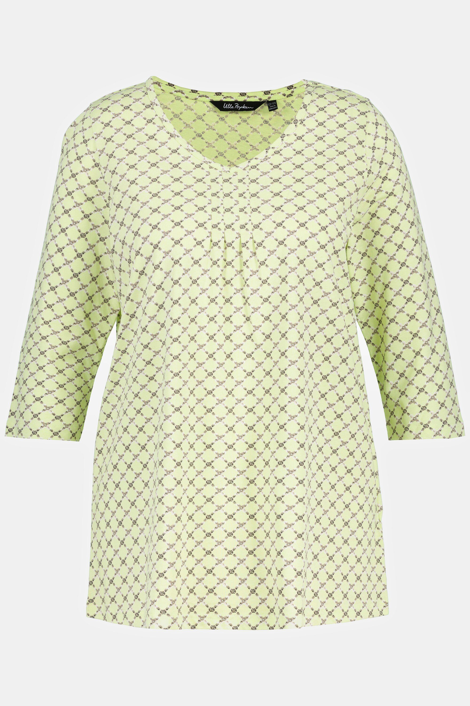Ulla Popken 3/4-Arm V-Ausschnitt Shirt A-Linie Rundhalsshirt limettengrün Zierfalten