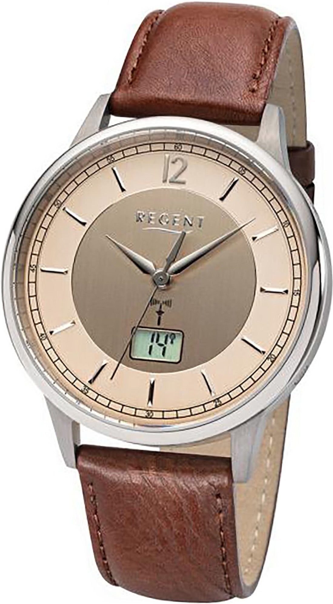 Regent Funkuhr Regent Leder Herren Uhr FR-249, Herrenuhr mit Lederarmband, rundes Gehäuse (ca. 41mm), Elegant-Style