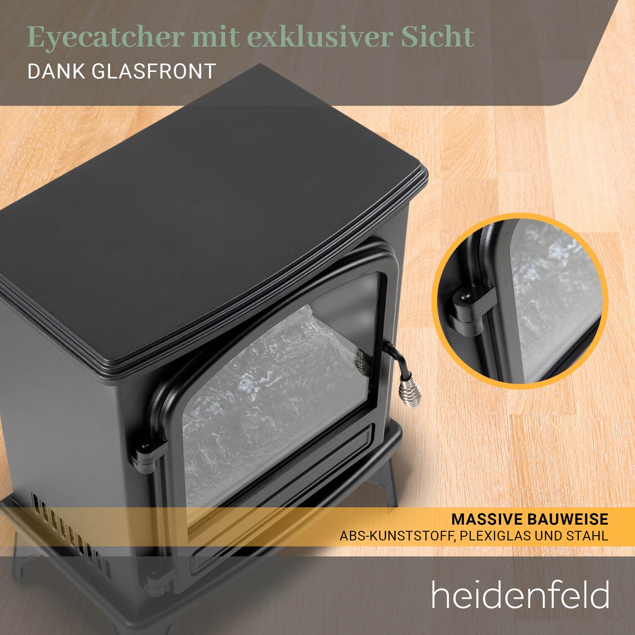 Heidenfeld Elektrokamin Kamin Heizung Standkamin EK100 2000 Watt inkl. 3 Jahre Garantie, 3D Kaminfeuer- Dreiseitige Glasfront - Kaminofen - Elektroheizung