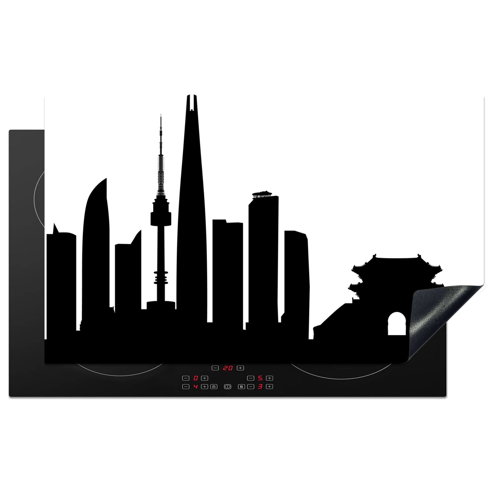 MuchoWow Herdblende-/Abdeckplatte Schwarz-Weiß-Illustration einer Silhouette Seoul, Ceranfeldabdeckung, Arbeitsplatte küche Vinyl, 83x51 cm, (1 von tlg), für