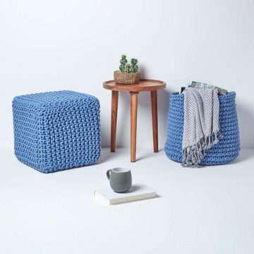 Homescapes Pouf Gestrickter Sitzwürfel 100% Baumwolle, blau