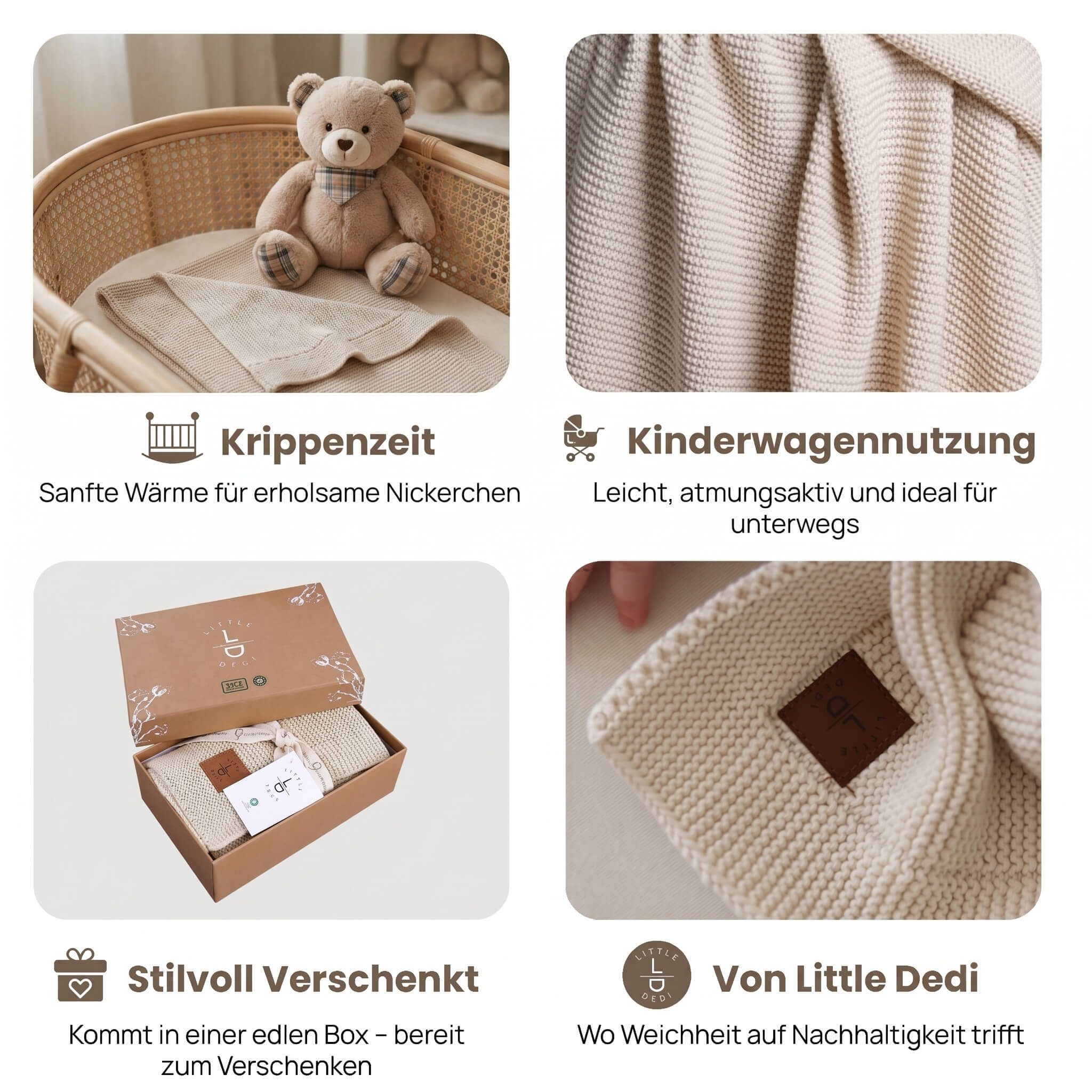 Babydecke Baby Strickdecke, %100 Bio Baumwolle, Atmungsaktiv, 80x100cm, Beige, Little Dedi