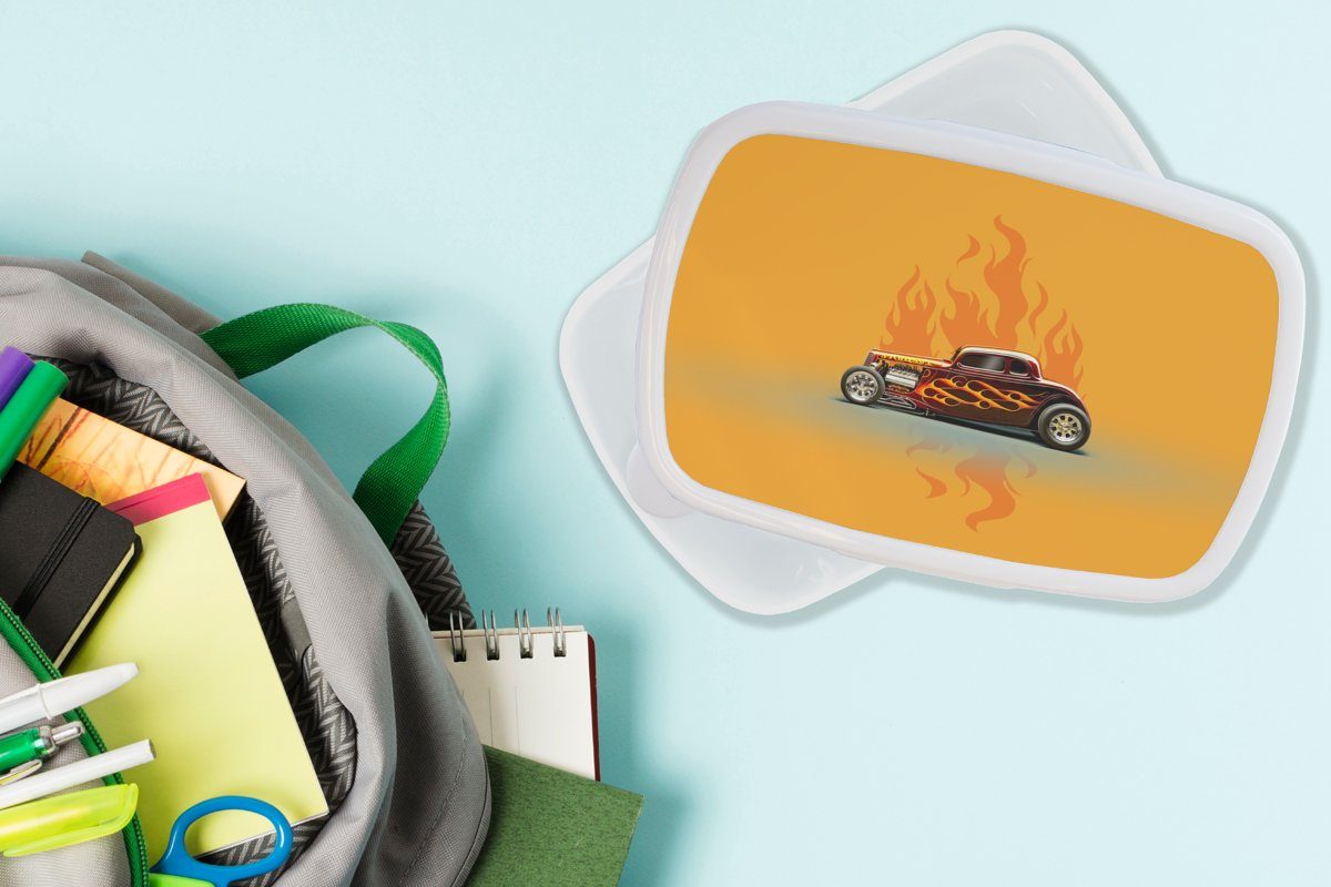 MuchoWow Lunchbox Auto weiß und (2-tlg), Jungs - und Vintage, Kunststoff, Brotdose, Kinder - Rot Brotbox Mädchen - Flammen Erwachsene, für für