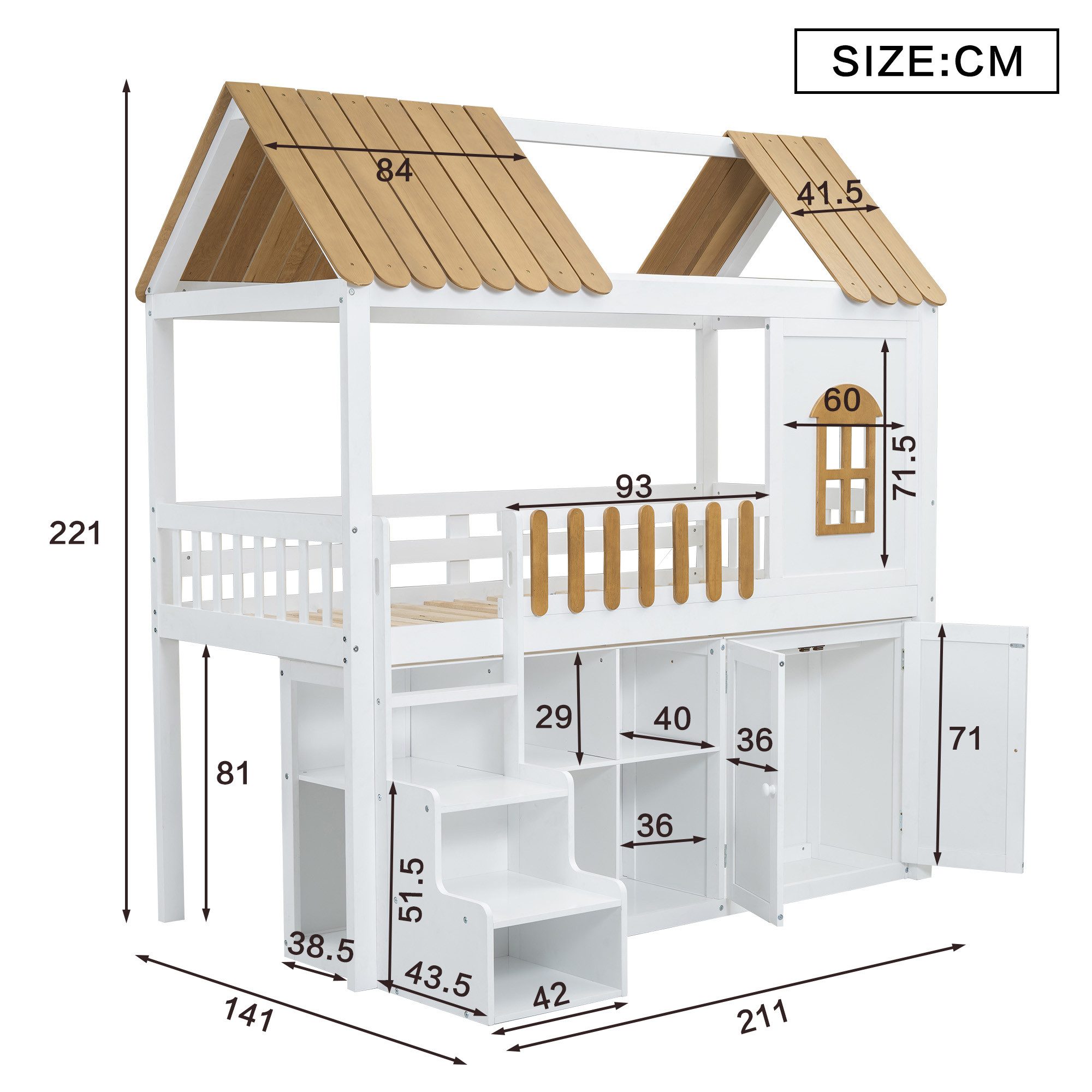 Flieks Hochbett Etagenbett Massivholz Hausbett 90x200cm mit Kleiderschrank günstig online kaufen