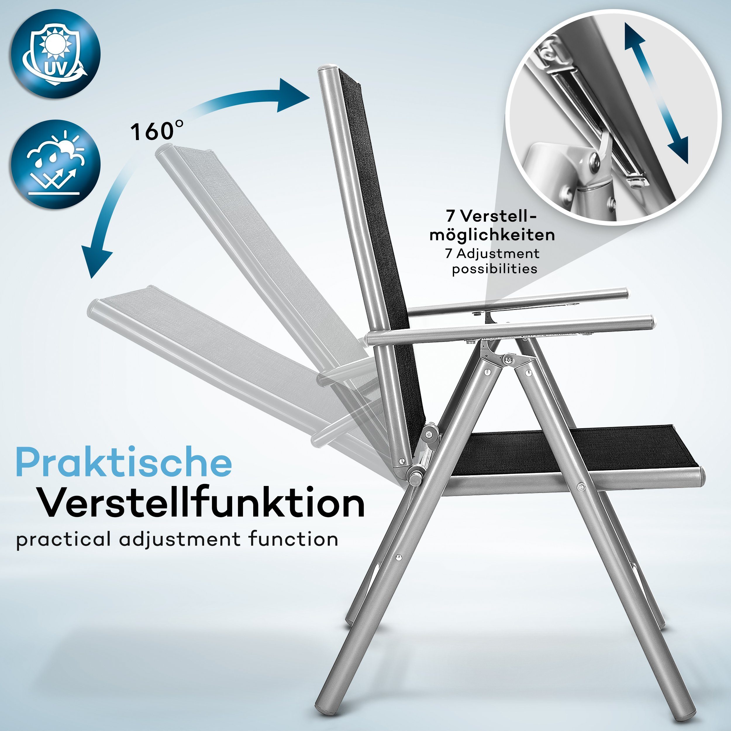 Garten Terrasse tillvex Balkon wetterfest), Gartenstühle klappbar Hochlehner verstellbar (Klappstuhl Gartenstuhl & Silber aus Armlehnen mit verstellbar 7-Fach Alu Aluminium Lehne