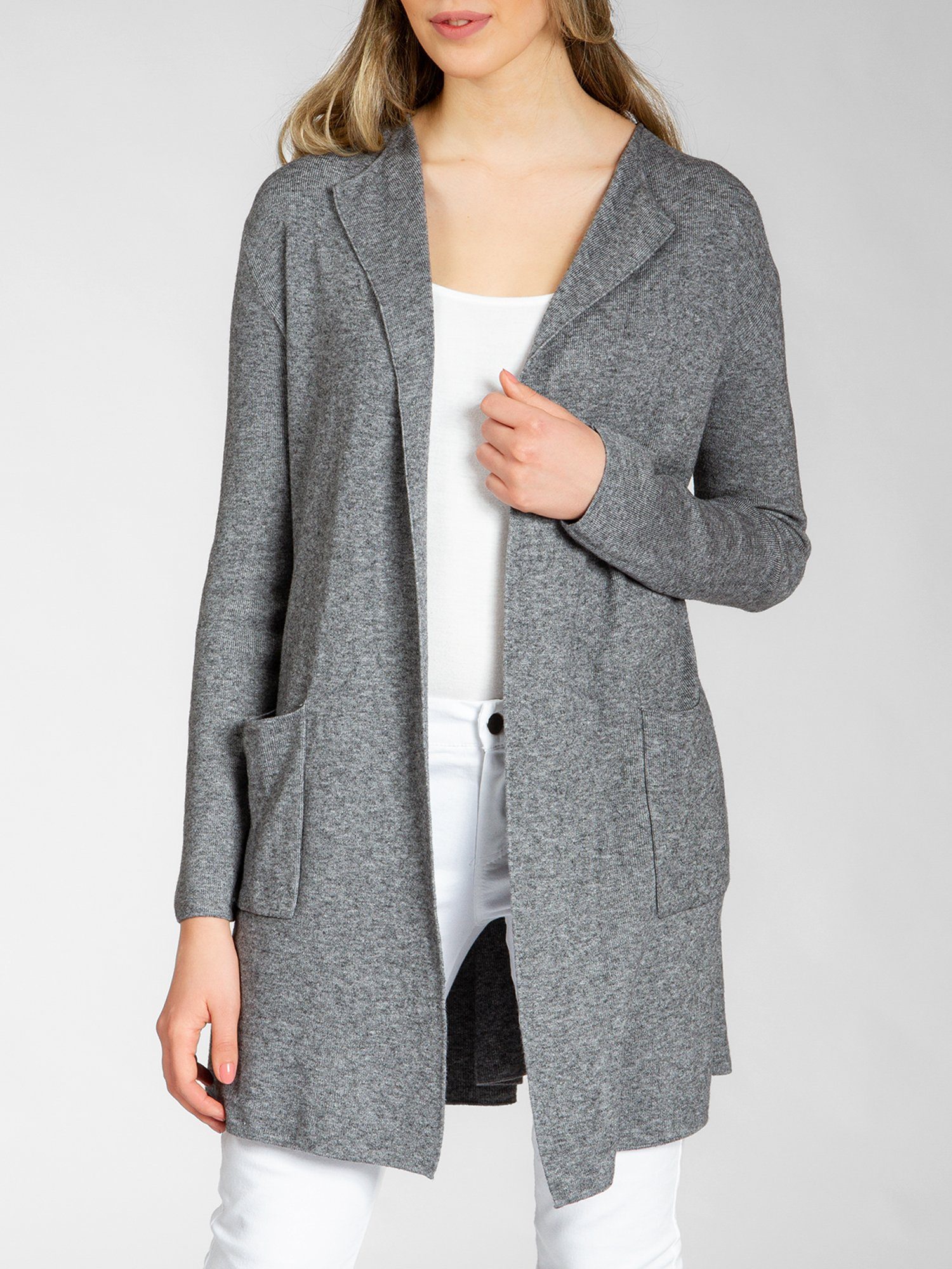 STJ023 Damen Cardigan sportlich meliert langer Caspar grau eleganter Strickjacke