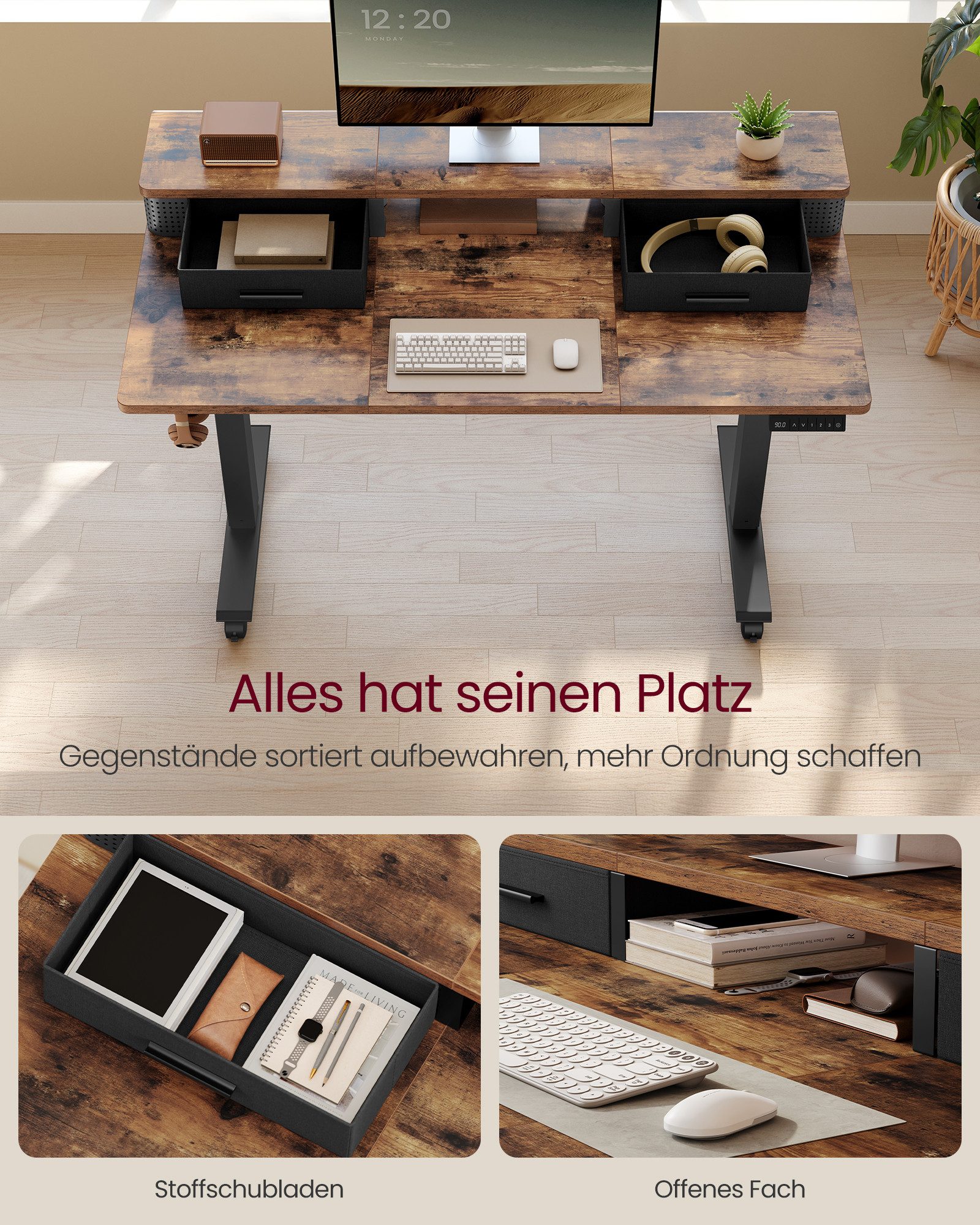 VASAGLE Schreibtisch Höhenverstellbarer elektrisch, stufenlos verstellbar, mit Monitorständer, Steckdosenleiste, Memory-Funktion, 120/140 cm
