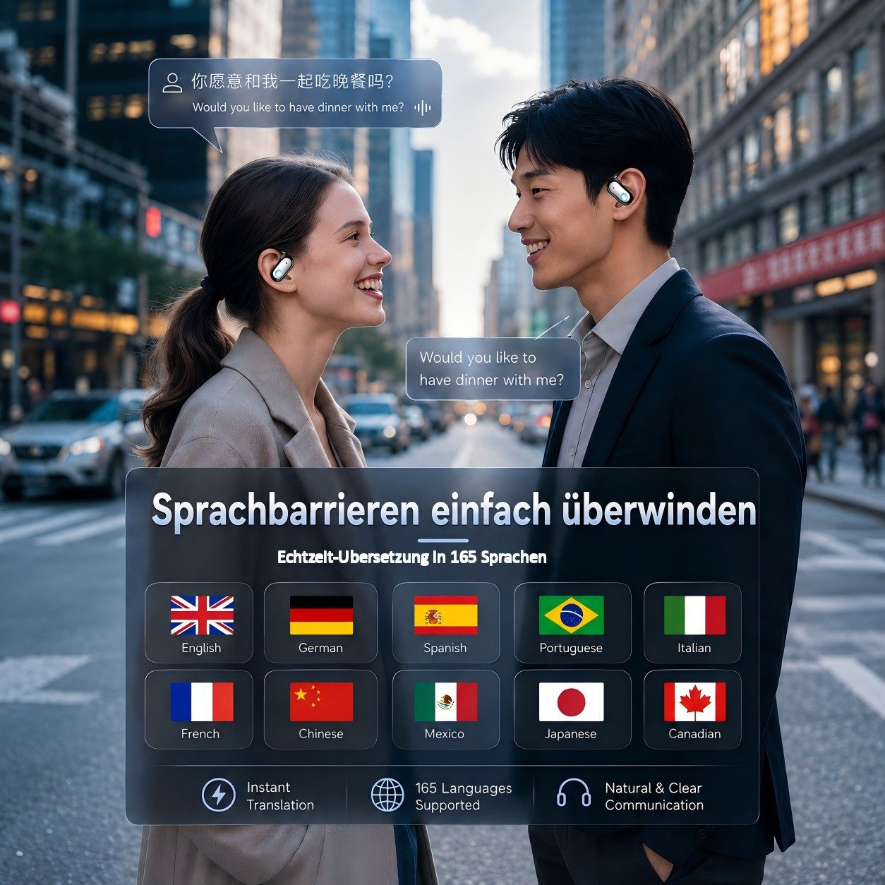 Futicare KI-Übersetzungskopfhörer mit GPT-KI, Bluetooth-Kopfhöre, Open-Ear-Kopfhörer (mit schlankem Ohrhaken für Brillenträger,165 Sprachen,ohne Abo,80 Std)