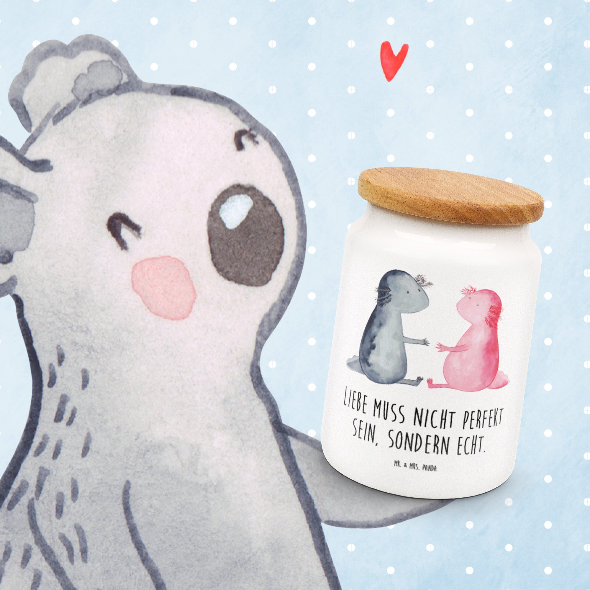 Mr. & Mrs. Panda Vorratsdose Geschenk, Aufbewahrungsdose, Axolotl Valentinstag, (1-tlg) Keramik, - Weiß - Vor, Liebe