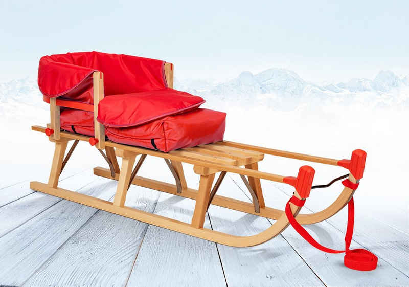 Rodelberg Davoser Schlitten Rodelberg® Davos-Schlitten Holz 115 cm, Zuggurt, Lehne, Fußsack Rot