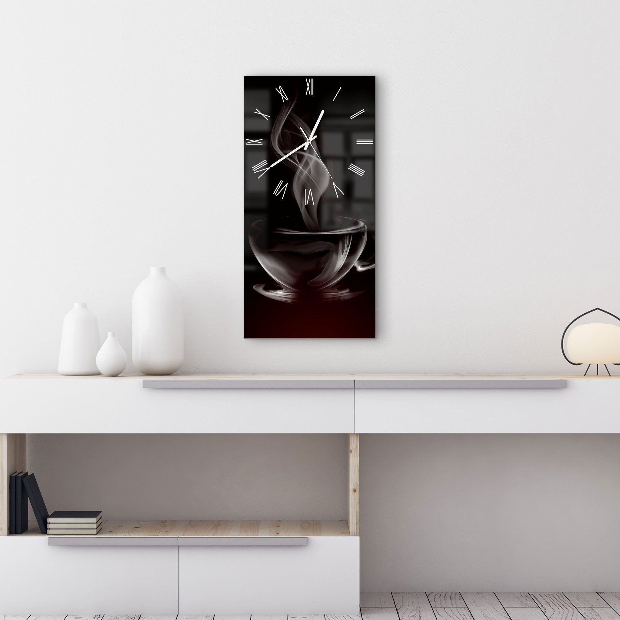 DEQORI Wanduhr 'Tasse aus Kaffeedampf' (Glas Glasuhr modern Wand Uhr Design Küchenuhr)