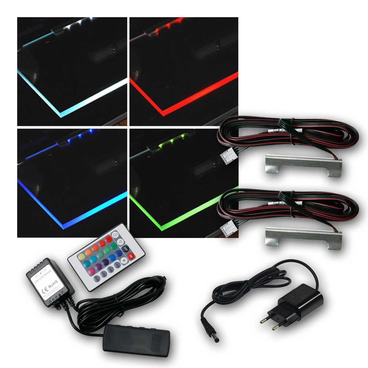 world-trading-net LED Glaskantenbeleuchtung 2er Set Metall-Clip Glasbodenbeleuchtung, RGB, RGB/mehrfarbig