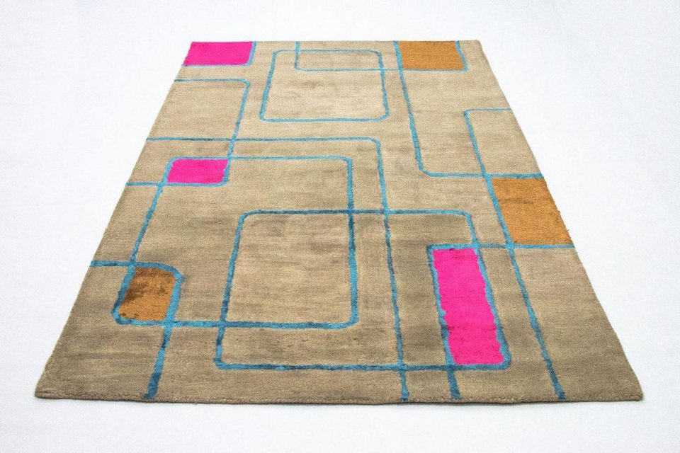 Wollteppich Designer Teppich handgetuftet mehrfarbig, morgenland, rechteckig,  Höhe: 18 mm, Schmutzabweisend/Pflegeleicht