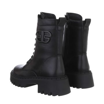 Ital-Design Damen Schnürschuhe Freizeit Schnürstiefelette Blockabsatz Plateaustiefeletten in Schwarz