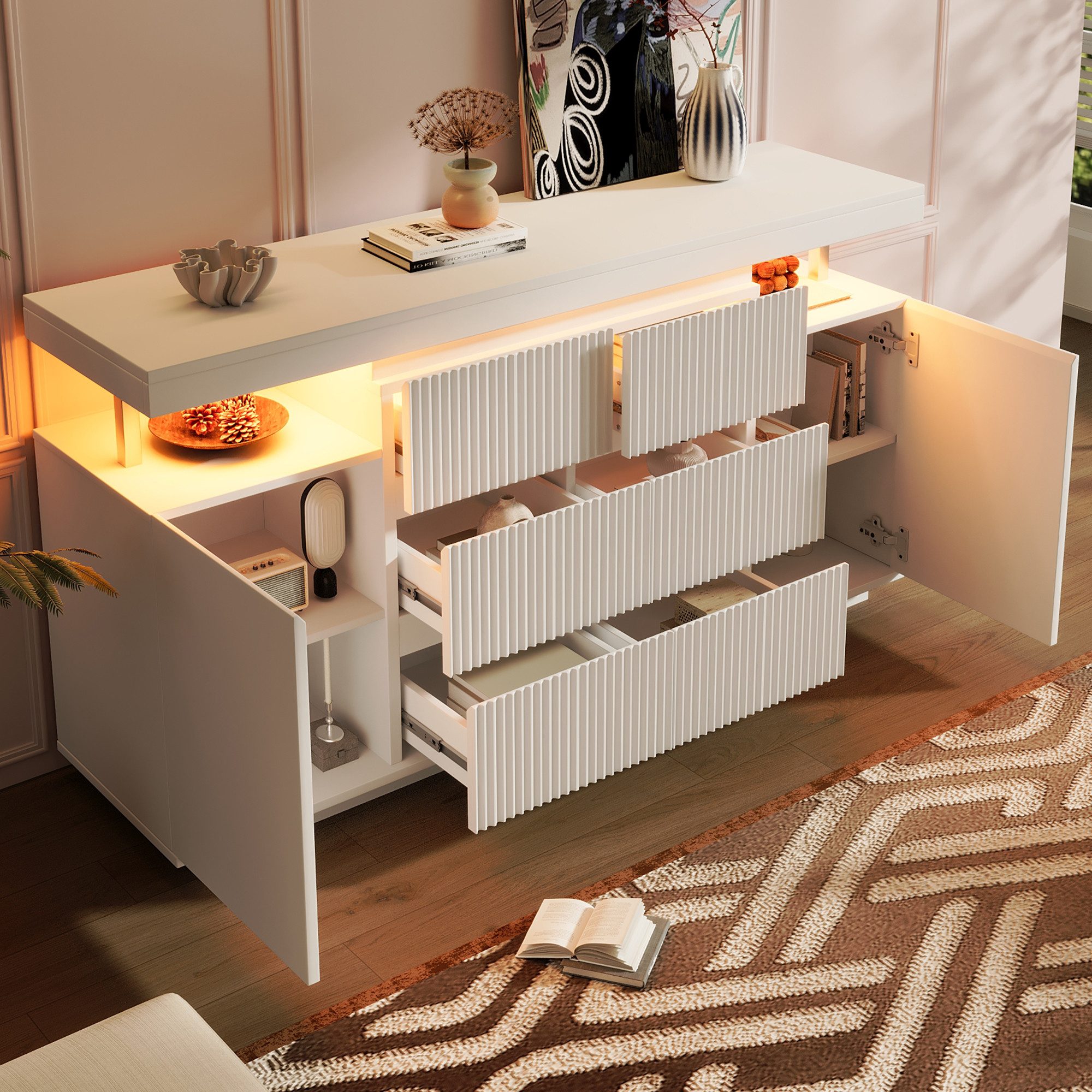TavilaEcon Sideboard Modernes LED Sideboard, Wohnzimmerschrank mit 6 Schubladen & 2 Türen (1 St), mit Riffelfronten, 150x40x78cm, weiß