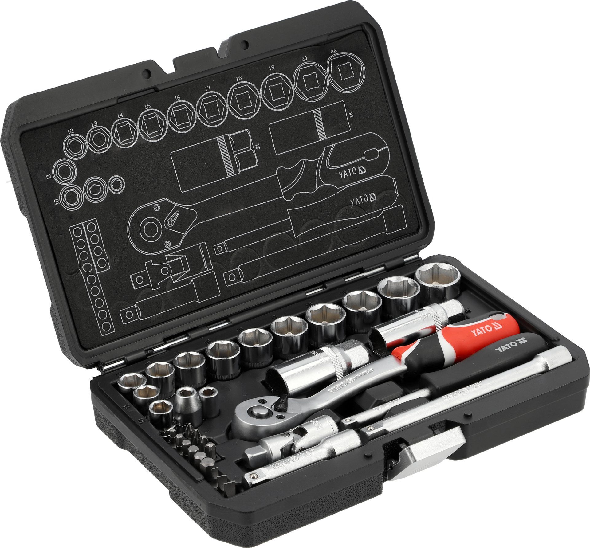 Yato Werkzeugset Werkzeugset 1/4" & 3/8" 34-teilig, (Werkstatt, Garage, Hobby, Keller)