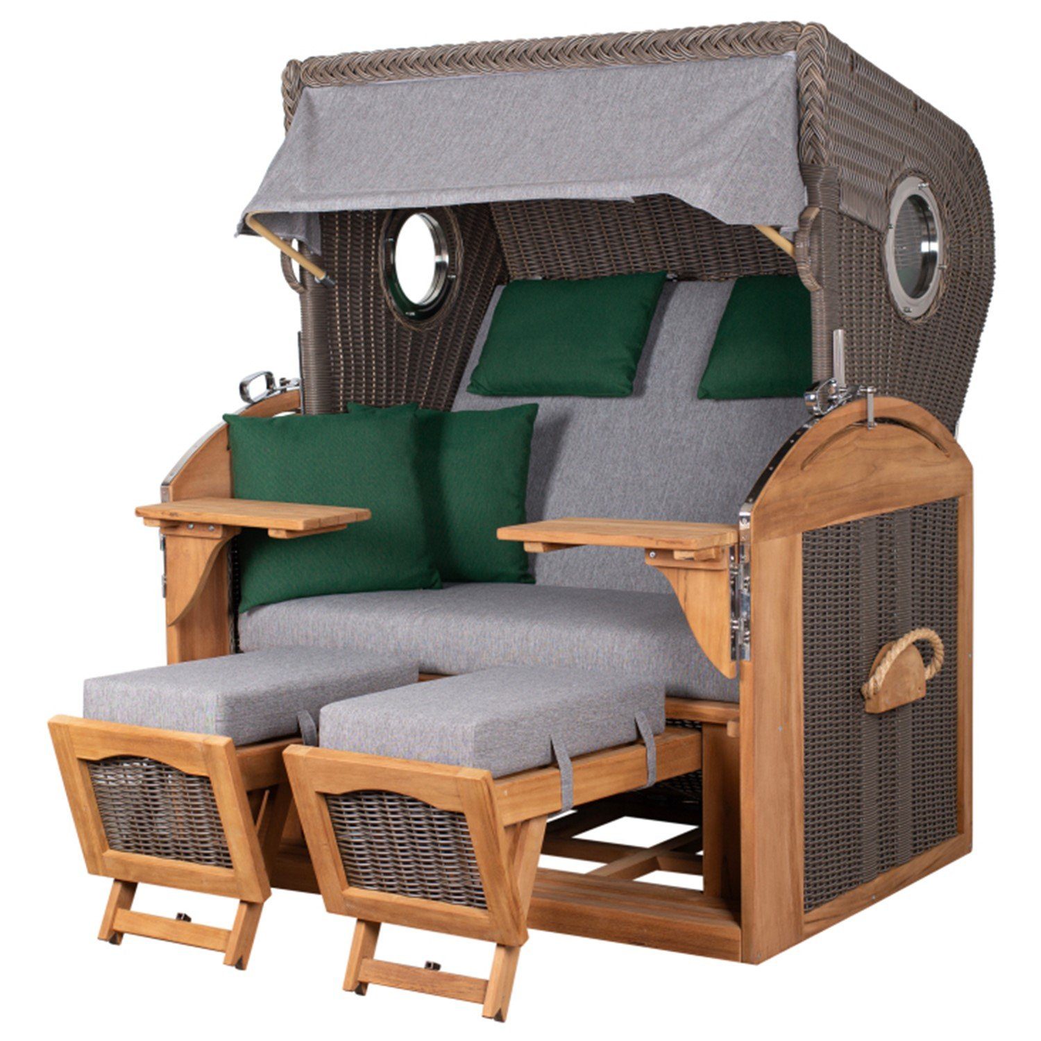 bene living Strandkorb Borkum XL Teak - PE grau - Modell 571, BxTxH: 142x95x170 cm, Volllieger ca. 180 Grad, Nordsee-Strandkorb Komplettset, inkl. Liftersystem und Bullaugen
