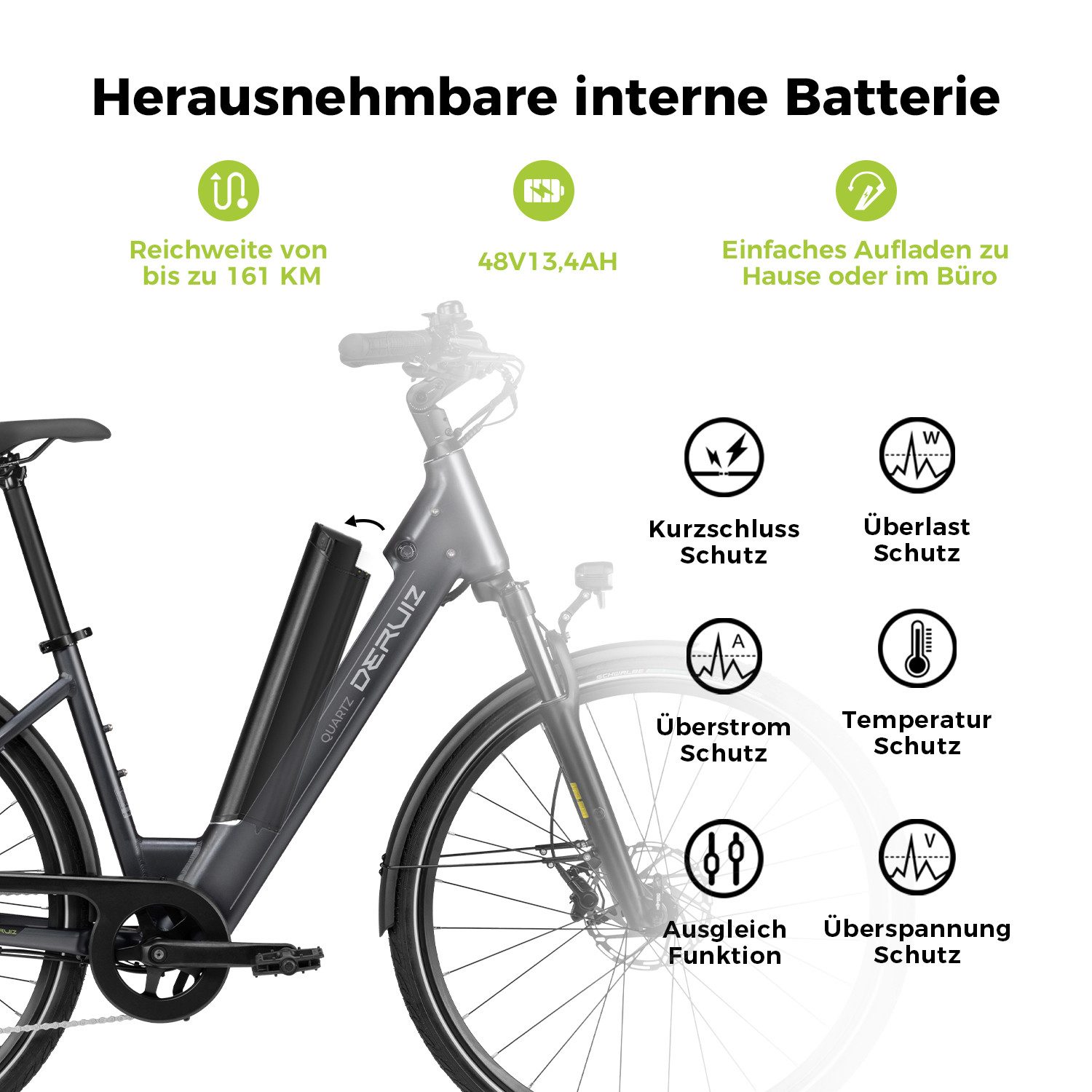 DERUIZ E-Bike Cityrad 28 Zoll, Elektrofahrrad für Damen & Herren, bis zu 161 km, 8 Gang Schiamano Altus RD-M310 Schaltwerk, Kettenschaltung, Heckmotor, 644,00 Wh, (Federgabel mit Lockout, Farb-LCD-Display mit Bluetooth, Drehmomentsensor), 5 Unterstützungsstufen / Anfahrhilfe, hydr. Scheibenbremse, RH: 44cm