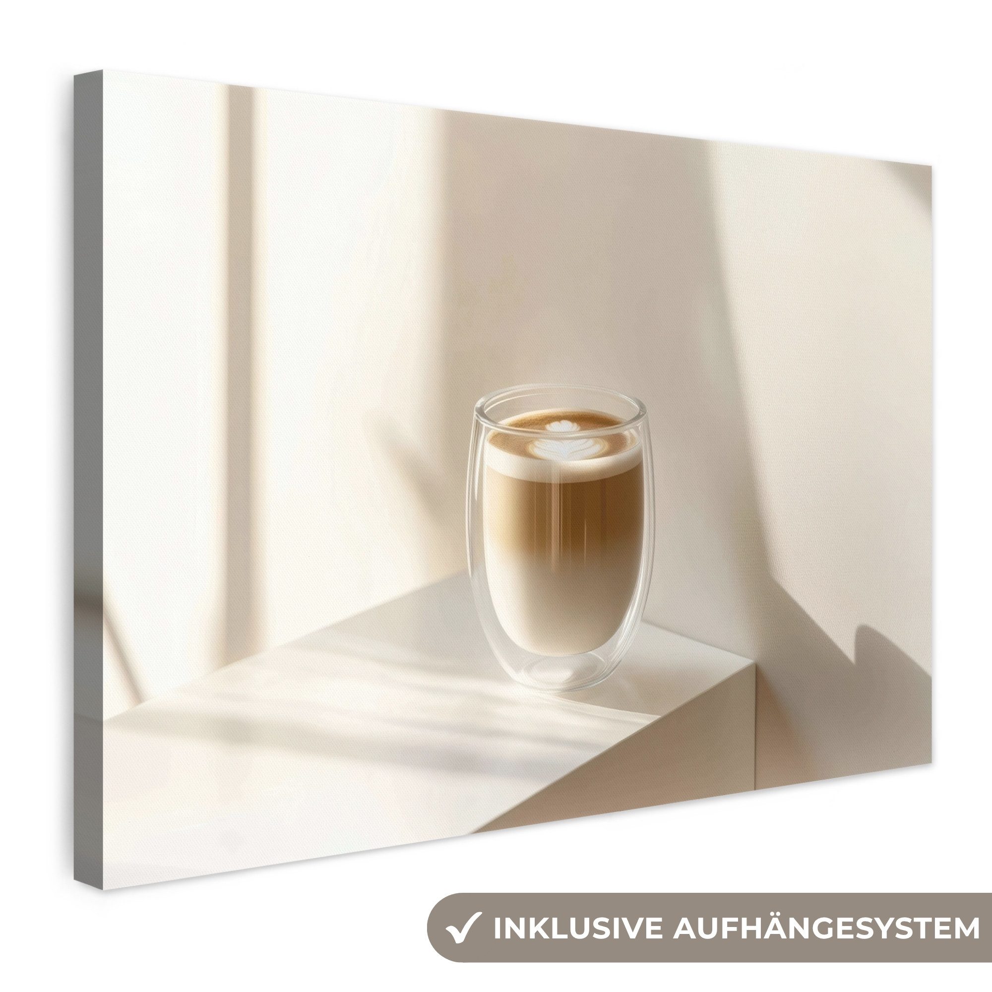 OneMillionCanvasses® Leinwandbild Becher - Latte - Minimalistisch - Schatten, Fotodruck (1 St), Wandbilder für Esszimmer, Wanddeko Bilder Küche, 30x20 cm