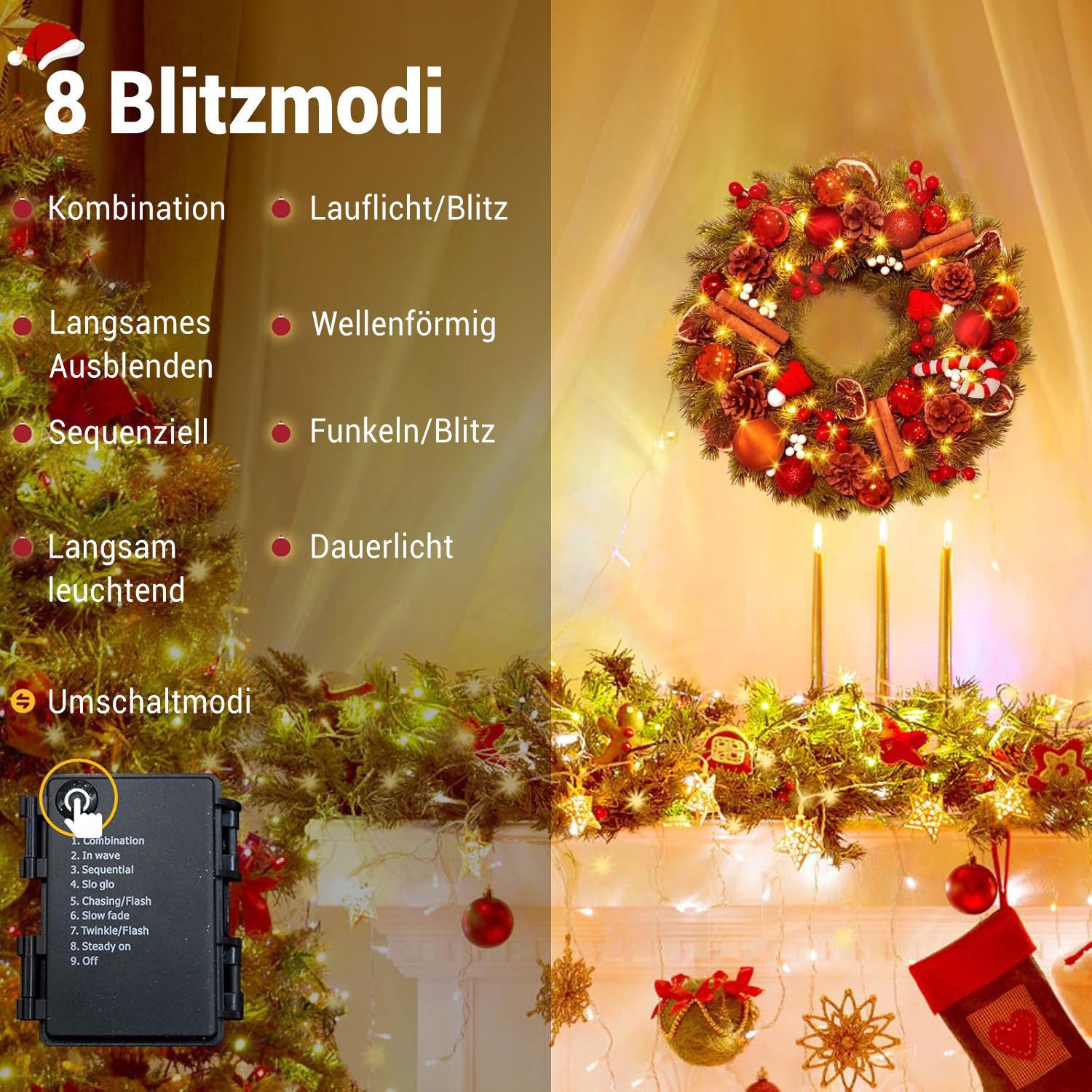 Kunstkranz Türkranz girlande weihnachten mit LEDs, weihnachtsdeko 40/60cm, Quntis, mit Zuckerstange, Zitronenscheiben und Weihnachtskugeln – Bild 3 von 5