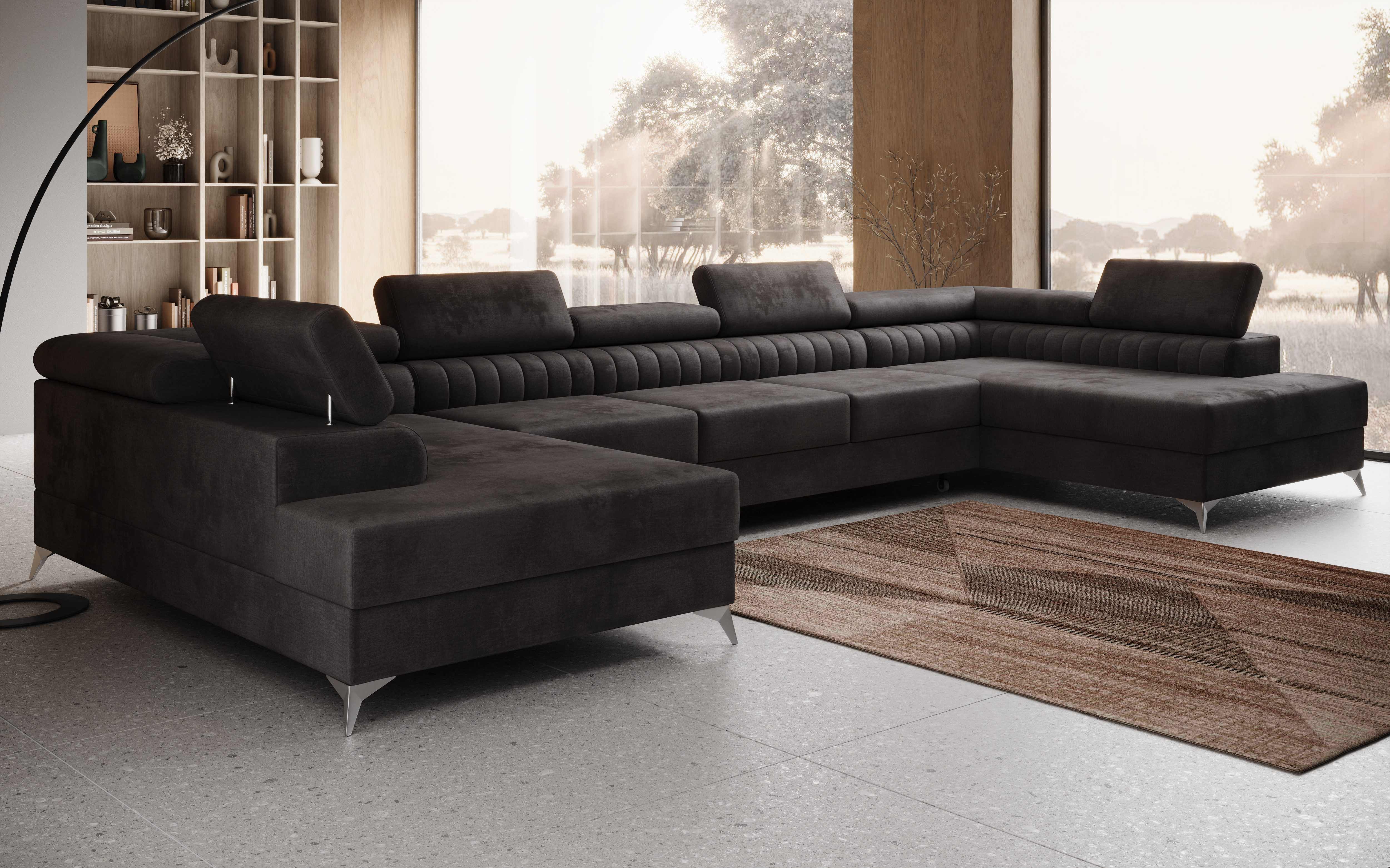 thematys Ecksofa FERMO 403 x 203cm mit Schlaffunktion & Bettkasten –, U-Sofa mit verstellbaren Kopfstützen, Samt (Monolotith), oder Bouclé (Quelle), - U-Form, XL-Wohnlandschaft, 390 cm breit