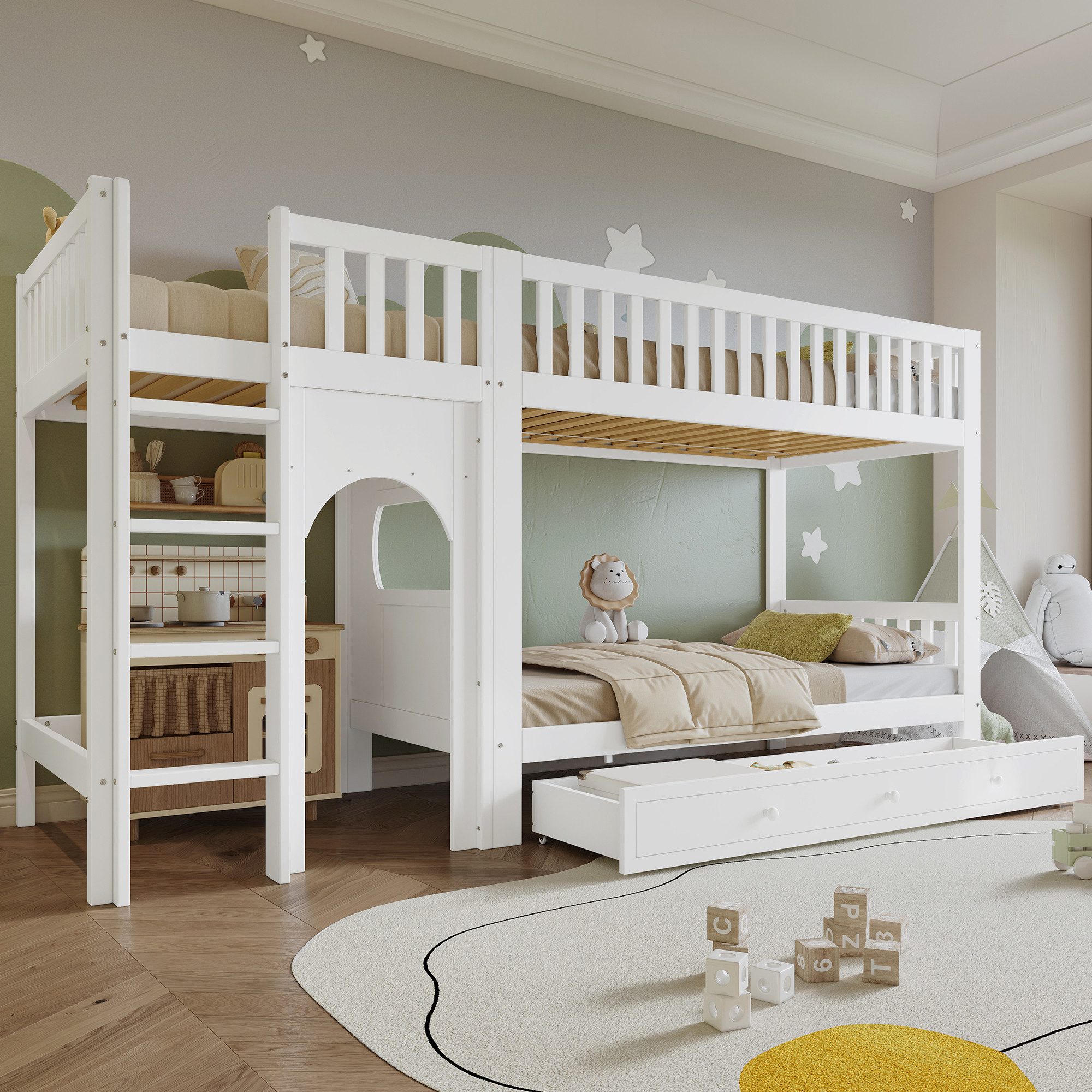 OKWISH Etagenbett Kinderbett Stauraumbett (mit vierstufiger Leiter und Geländern, individuell gestaltbare Fläche, 90x200 cm), ohne Matratze