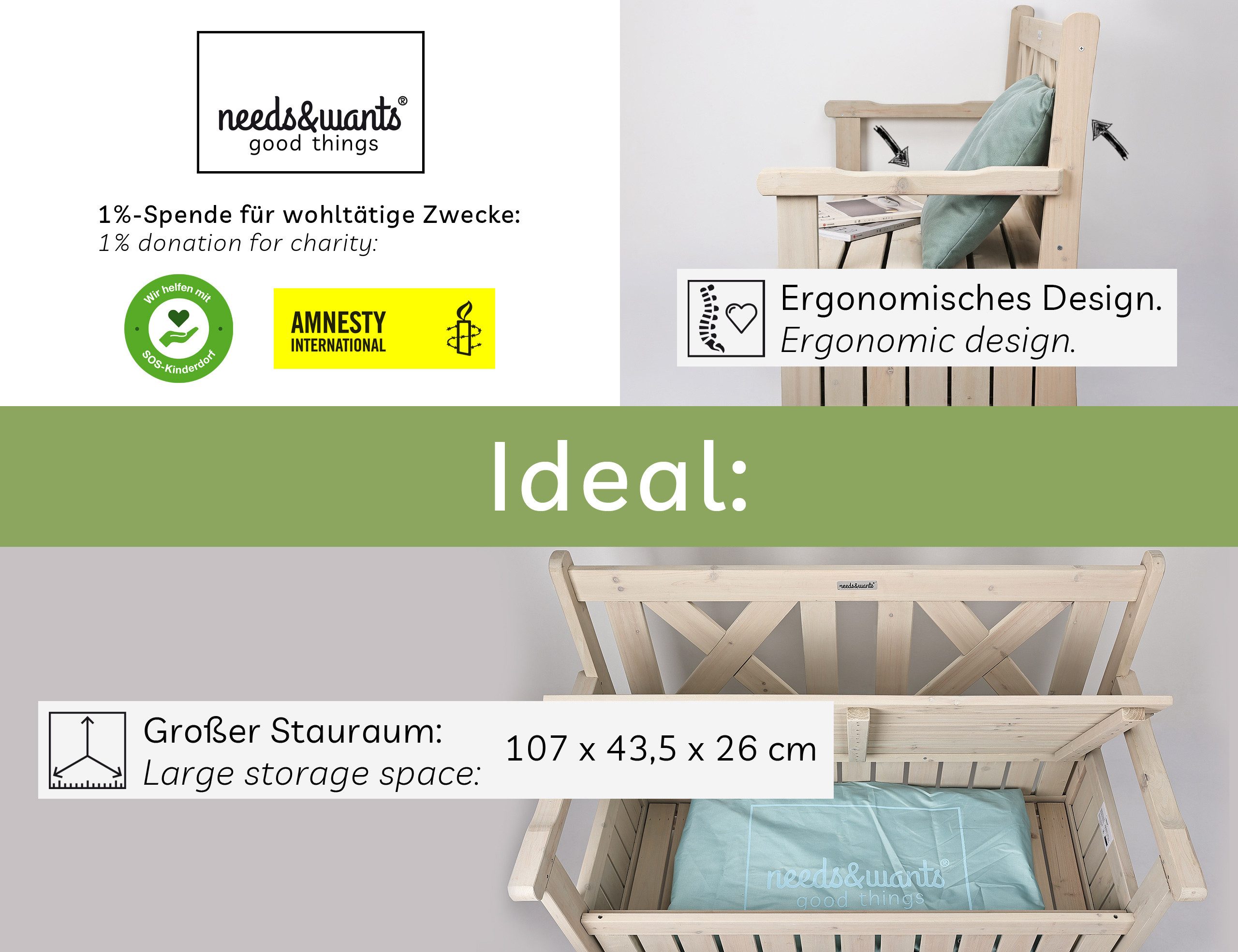 needs&wants® Gartenbank Holz wetterfest mit Stauraum, Truhenbank Holzbank Sitzbank Truhe braun, mit Textil Abdeckung 2-Sitzer Parkbank Garten Outdoor klassisch massiv