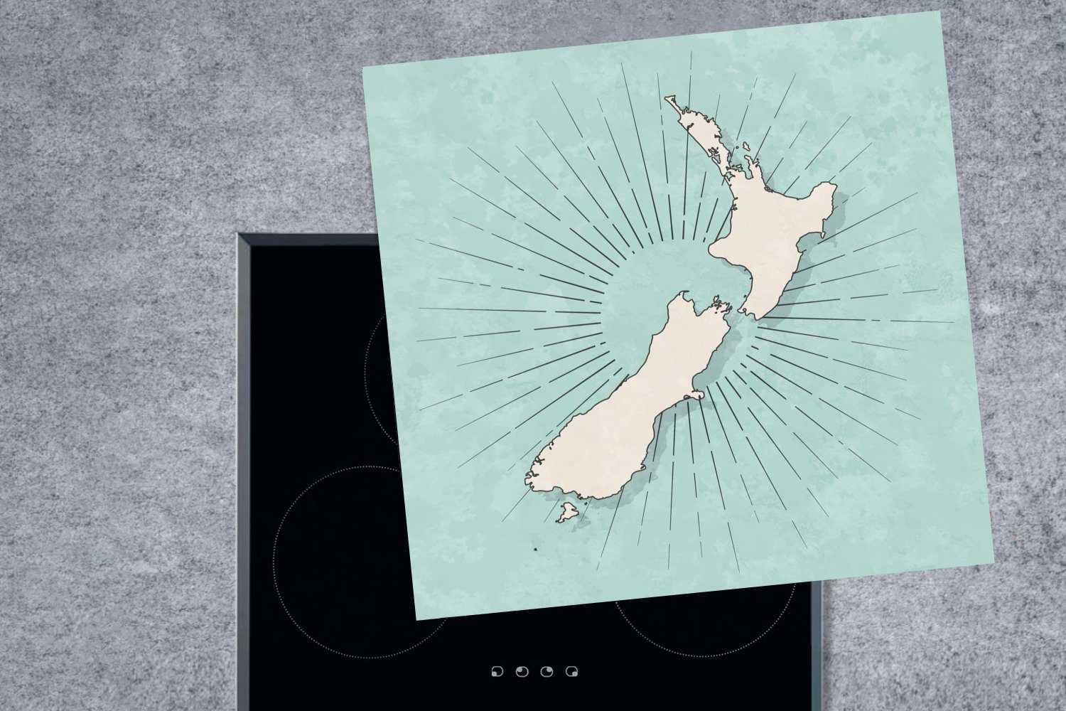 MuchoWow Herdblende-/Abdeckplatte Neuseeland Vinyl, Arbeitsplatte Ceranfeldabdeckung, für einer Illustration tlg), küche von (1 Karte cm, weißen auf Eine 78x78 blau-grünem