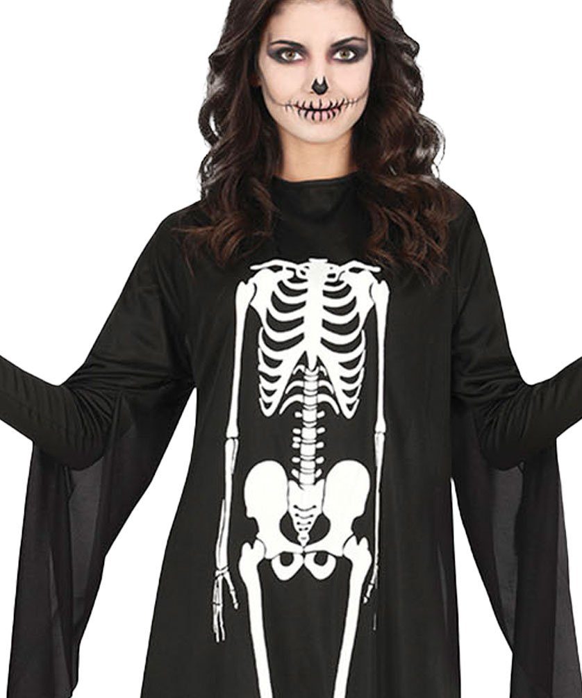 Karneval-Klamotten Kostüm Skelett Tunika Damen Einheitsgröße, Horror Damenkostüm Halloween Karneval