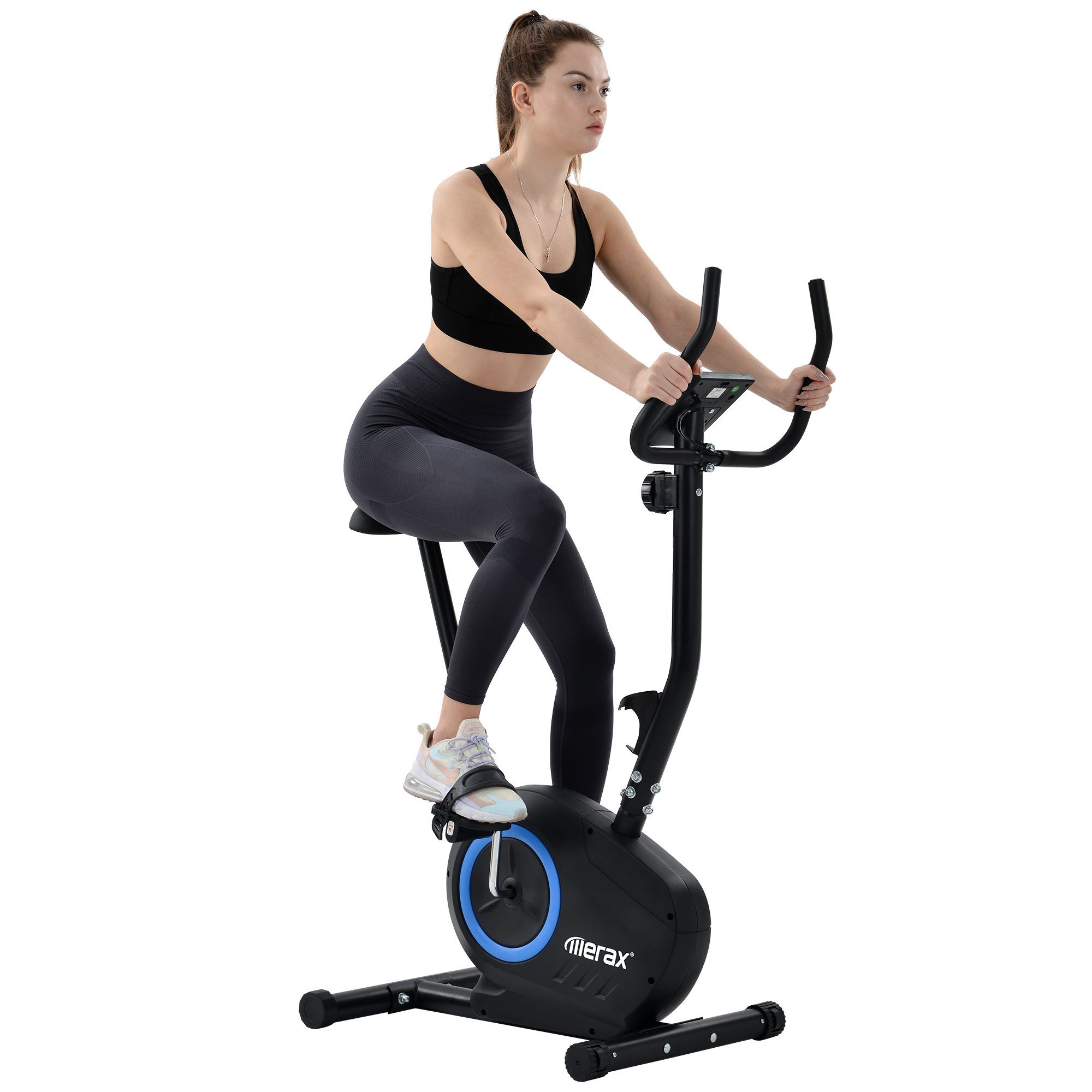 Merax Sitz-Heimtrainer Fahrradtrainer mit LCD-Display und Halterung, höhenverstellbar, Heimtrainer mit Pulssensoren, transportrollen, 8 Widerstandstufen