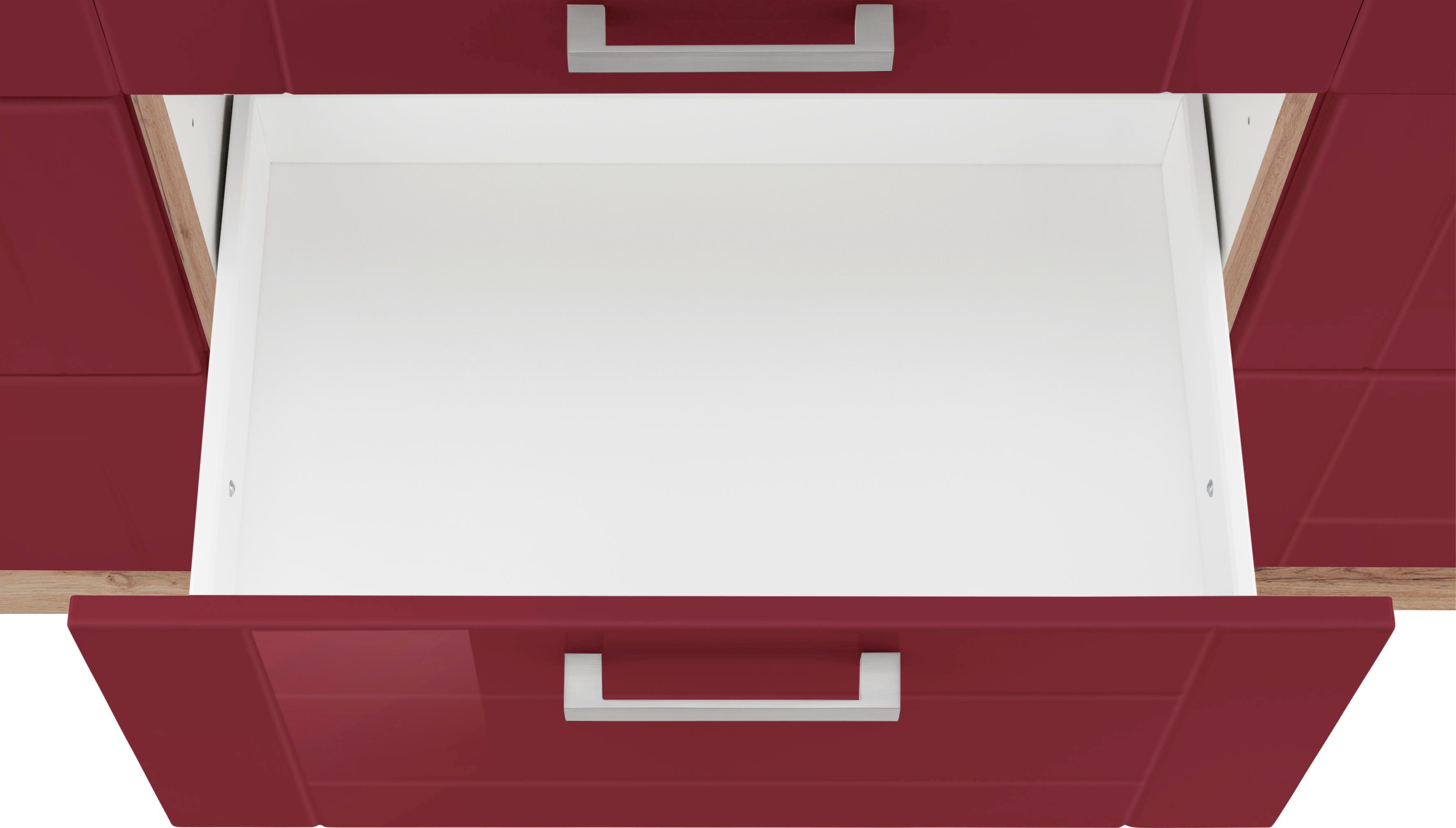 Auszüge mit MÖBEL Unterschrank 3 rot Tinnum Metallgriffe, HELD breit, | Fronten, wotaneiche 180 cm 6 MDF Schubkästen,