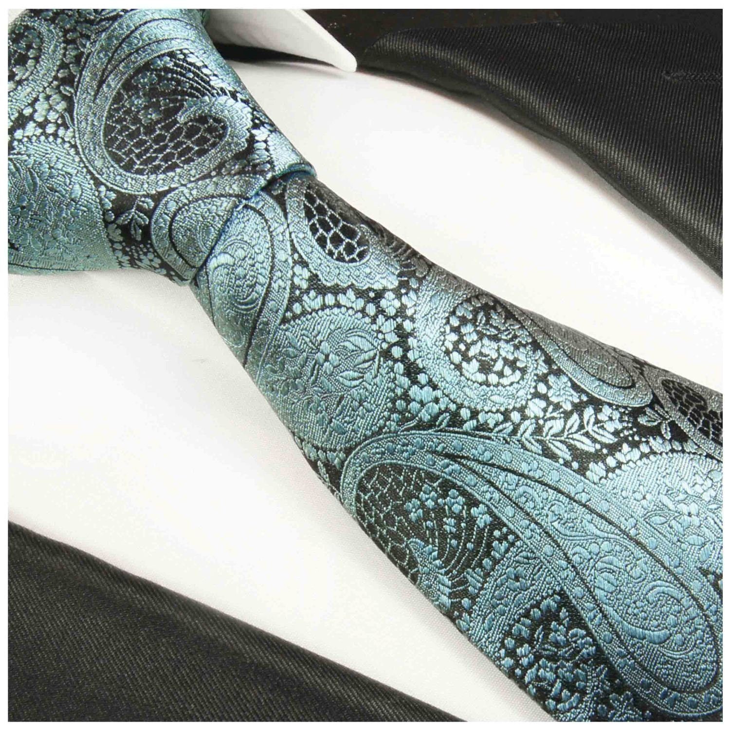 100% paisley mit schwarz mit türkis Einstecktuch) Schmal Paul (Set, 590 Herren Malone (6cm), Seide 2-St., Krawatte Seidenkrawatte Krawatte Tuch brokat modern